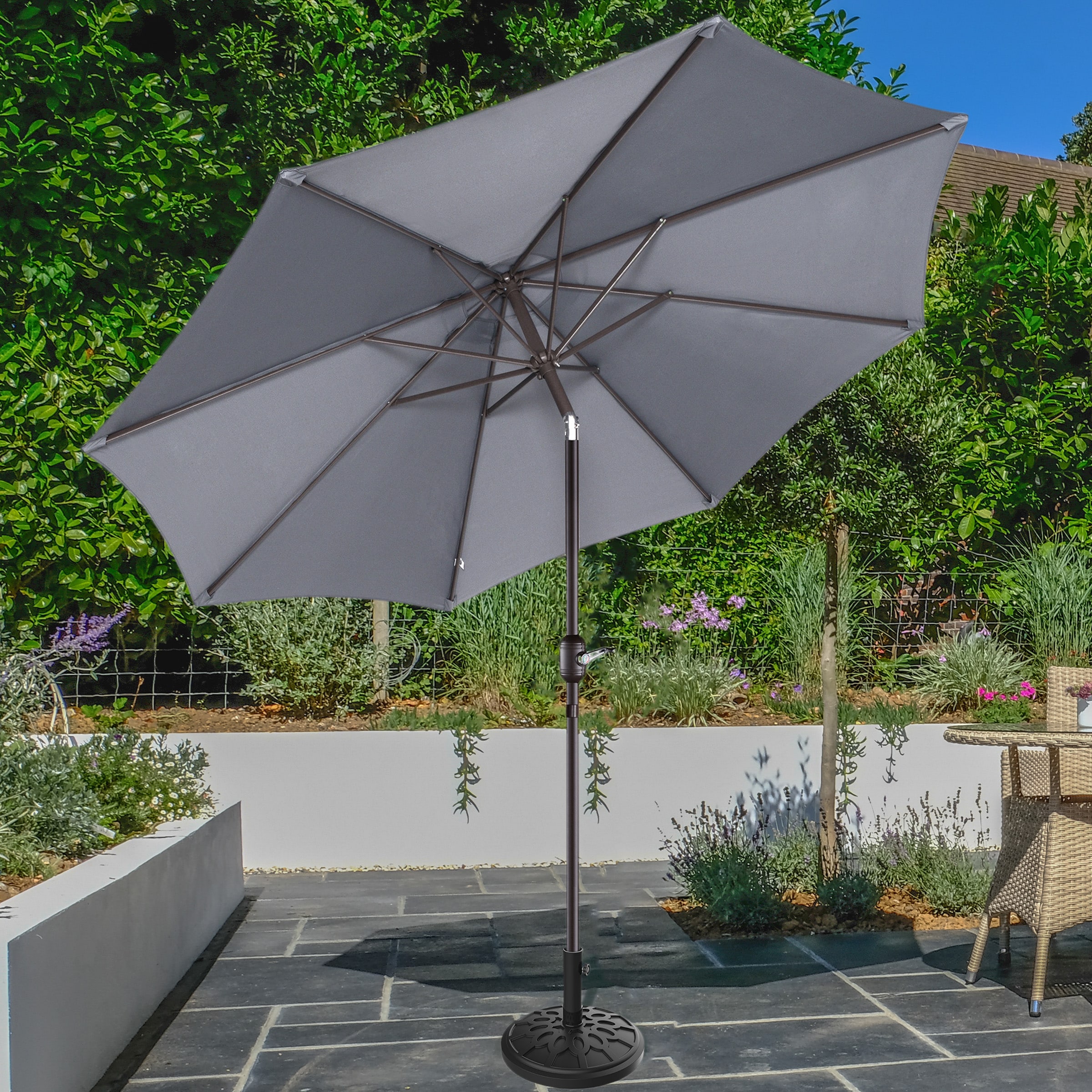VILLACERA 83-OUT5446B 9-ft Aluminum Gray Push-button Tilt Market Patio Umbrella with Base