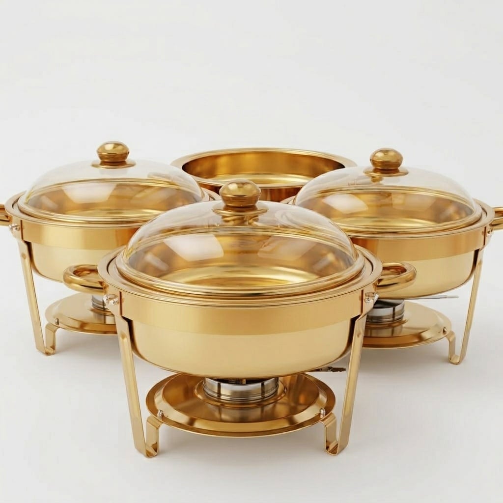 Aoibox  4 Pack 6 Qt Elegant Gold Stainless Steel Round Chafing Dish Buffet Set 13 4 x 12 6 in Wedding Catering