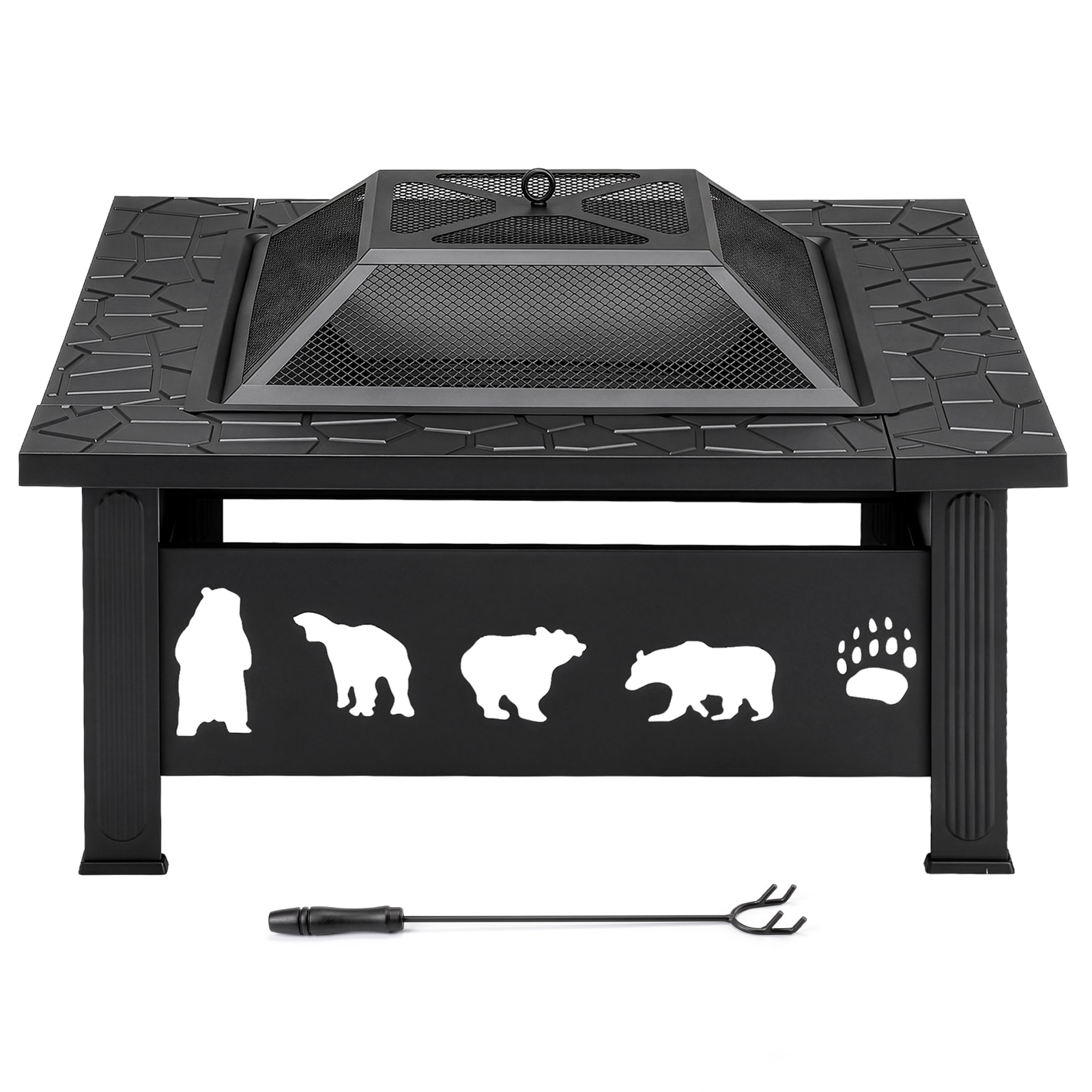 GlasFlength  32 Inch Square Outdoor Wood Burning Fire Pit Table with Lid and Fire Poker Decorative Bear Cutout Patio Fire Pit Table Heavy Duty Outdoor Fire Pit for Patio Garden Black