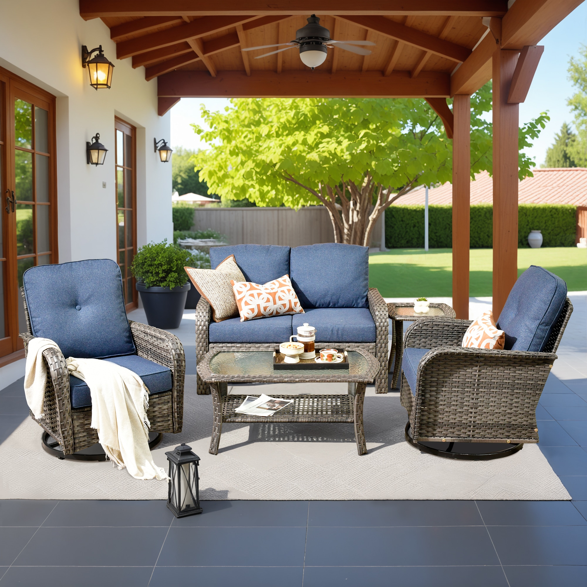 Caodoc L5- YZGNC-GNDS300-51 Golden Years Rattan Outdoor Sectional with Blue Cushions and Rattan Frame
