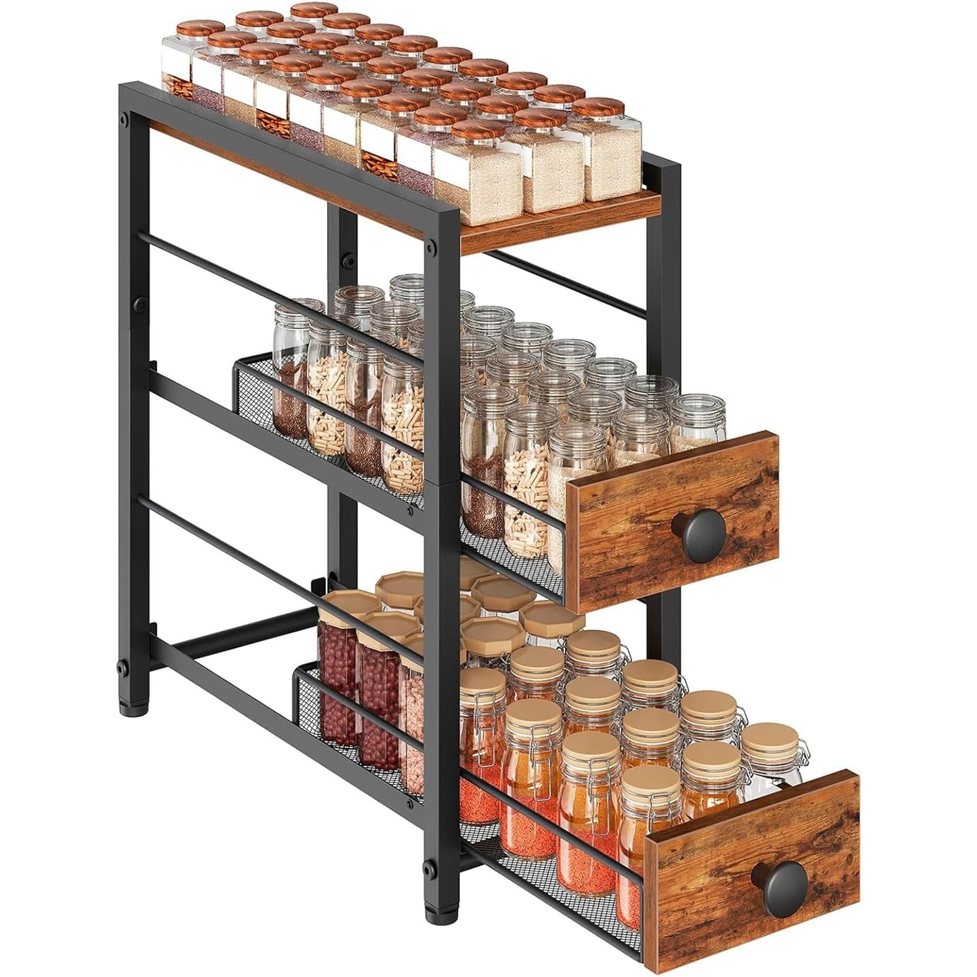 Numhew 14.2in D 5.9in W 15.7in H 3-Tier 2-Drawer Rustic Brown and Black Spice Rack Organizer #NHBEN45006