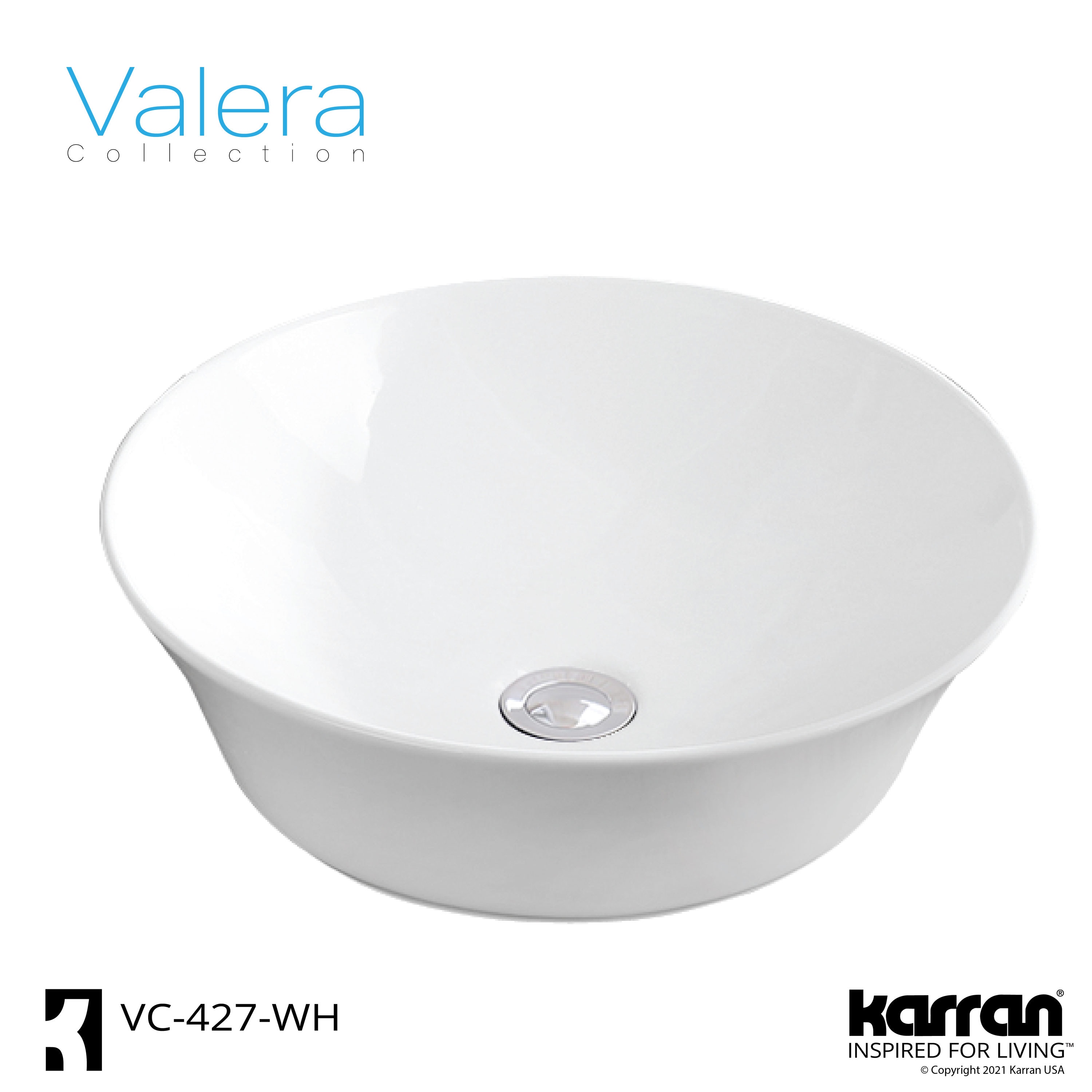 Valera White Ceramic Round Vessel Bathroom Sink, 16.5 inches