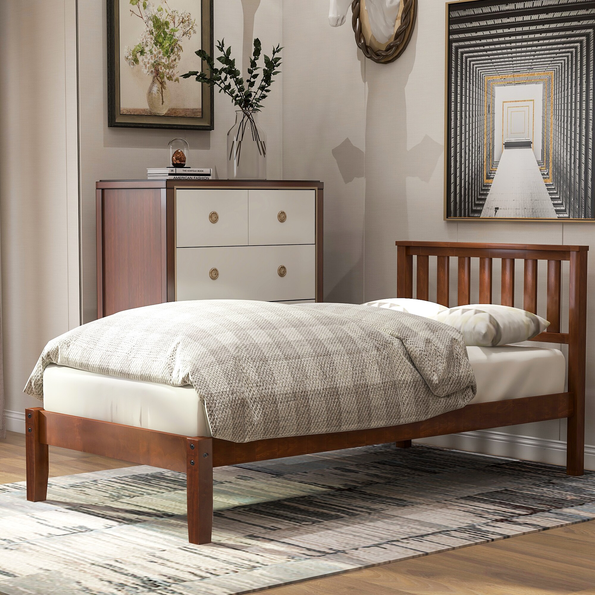 ModernLuxe WF191770AAD Wood Platform Bed with Headboard/Wood Slat Support.Twin Walnut