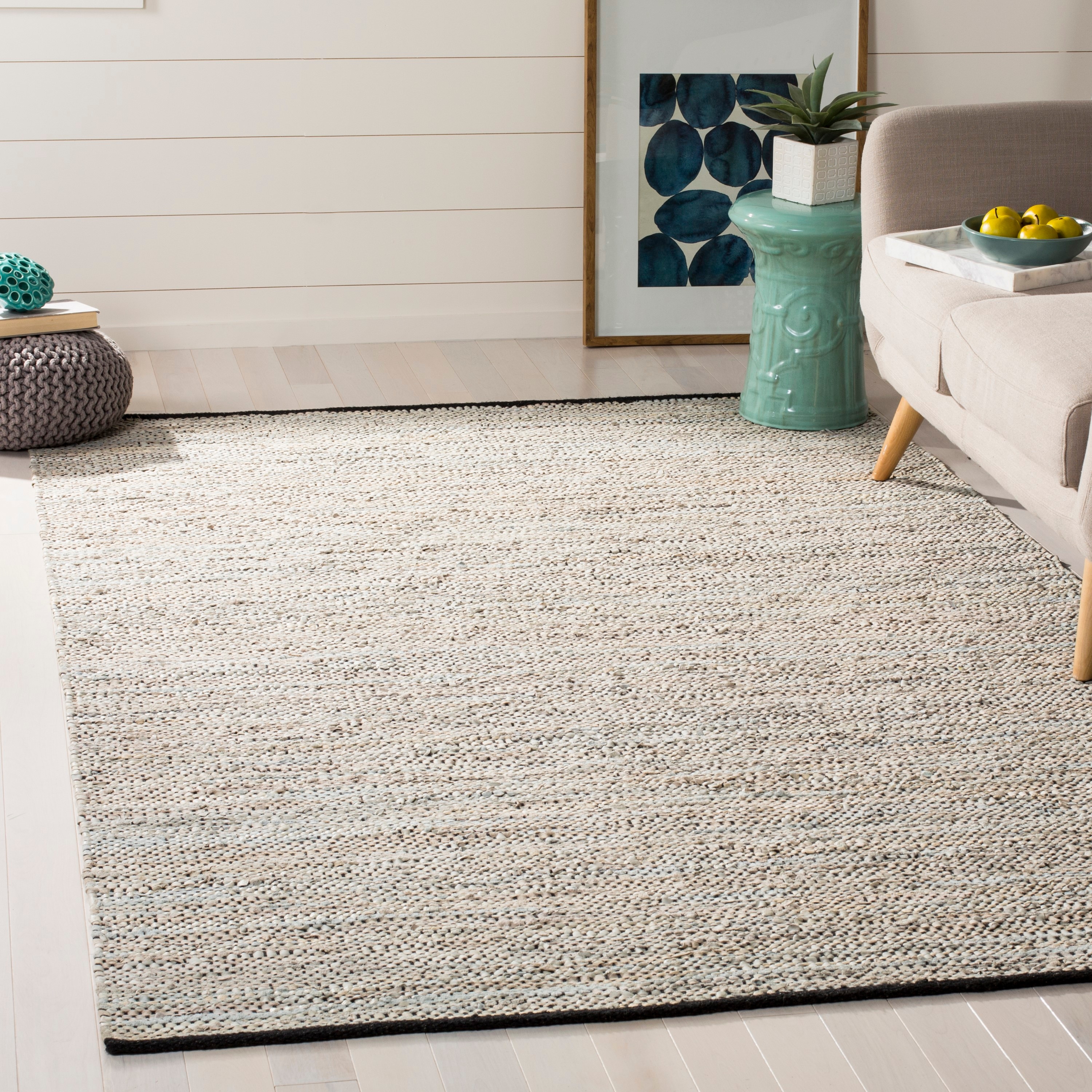 Beige Handwoven Leather 5' x 8' Area Rug