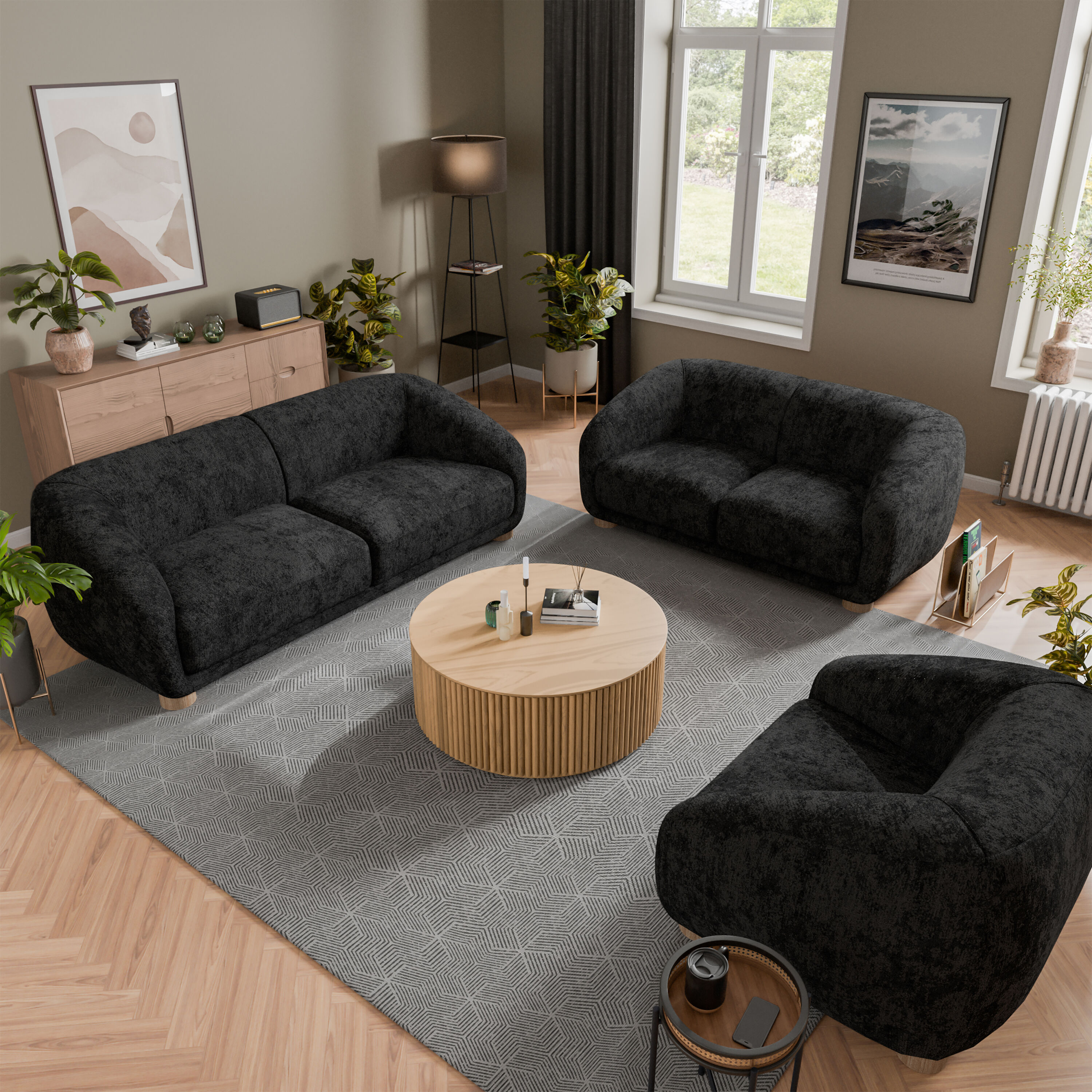 Furniture of America IDF-61006BK-3PC Waxley Modern Chenille Black Living Room Set