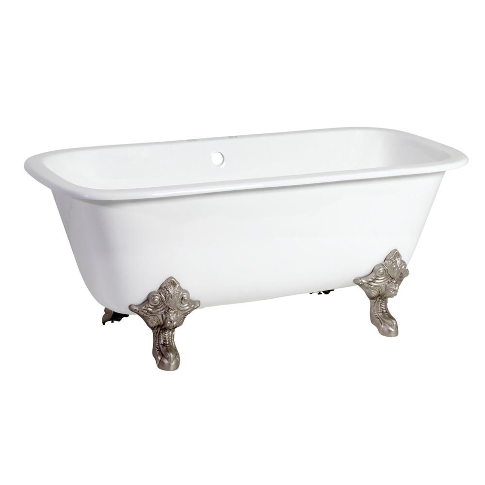 Kingston Brass WLVCTQ7D6732NL8 Aqua Eden 31.06-in x 66.56-in White/Brushed Nickel Cast Iron Clawfoot Bathtub with Drain (Center Drain)