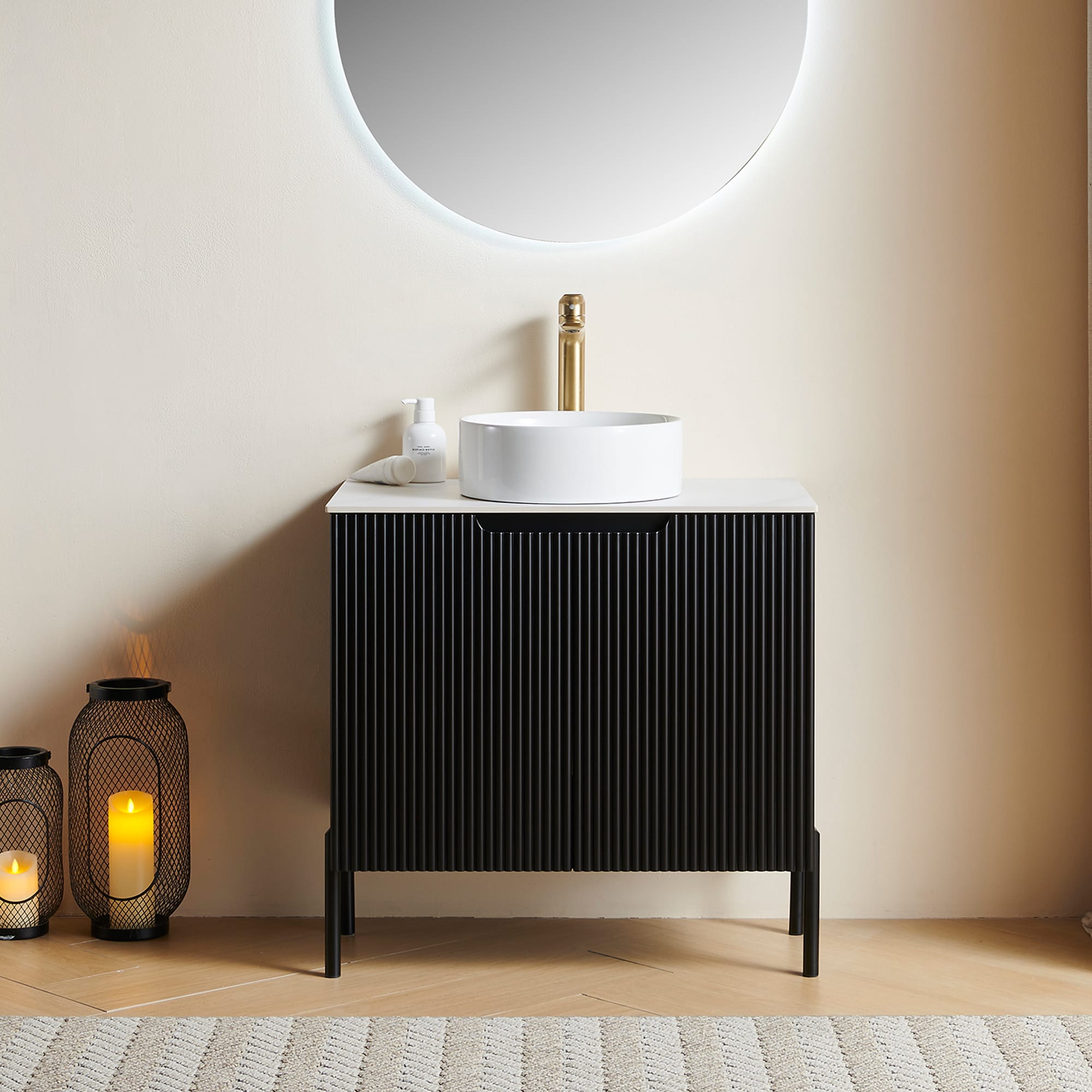 JPJPUU 30 inch Freestanding Black Bathroom Vanity with Sink White Ceramic Basin and Carrara White Sintered Stone Countertop