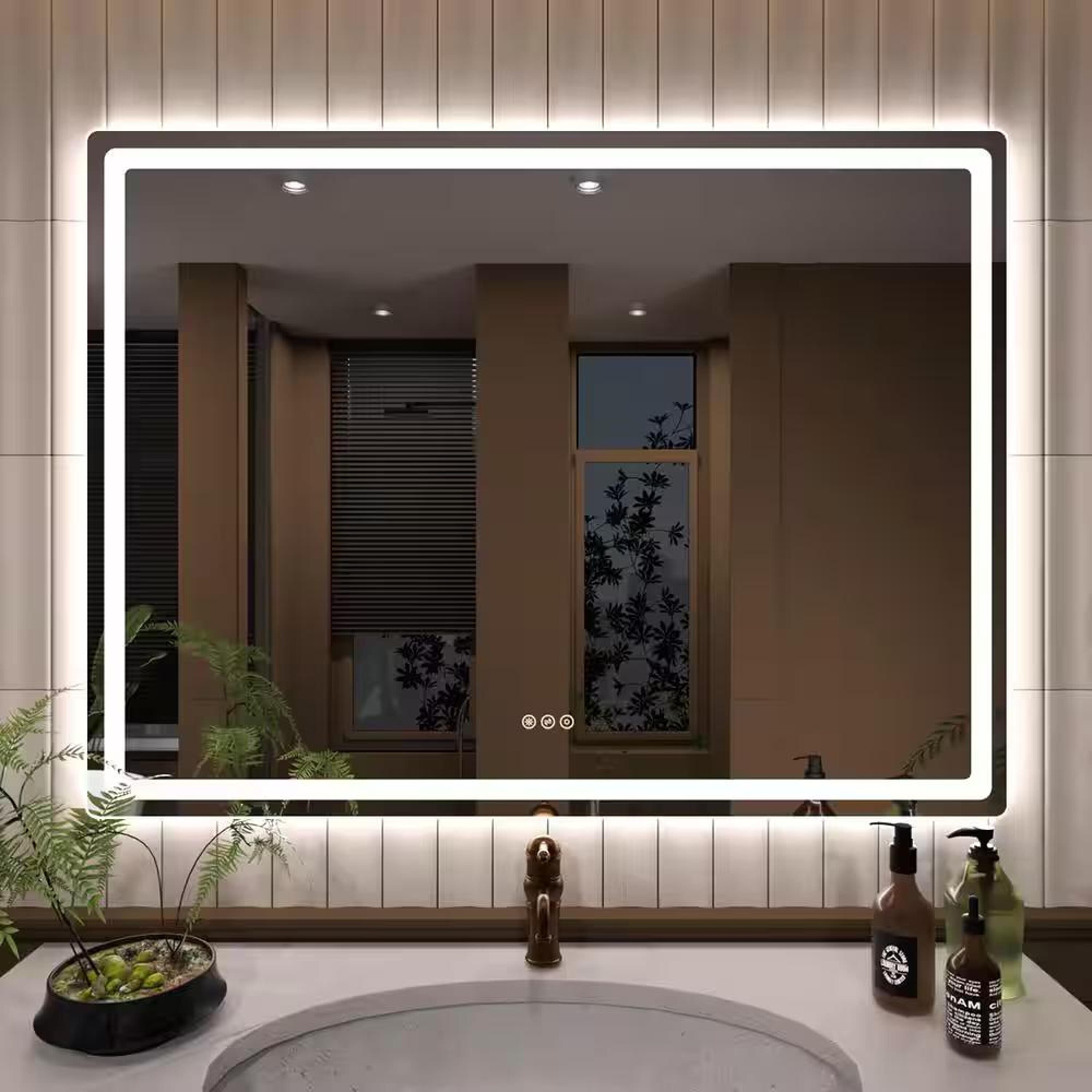 Bayfeve BFKF-4836U4-MIR Modern Multifunctio LED Bathroom Mirror 48-in x 36-in Polished Frameless Rectangle Dimmable LED Lighted Fog Free Bathroom Vanity Mirror ( Clear )