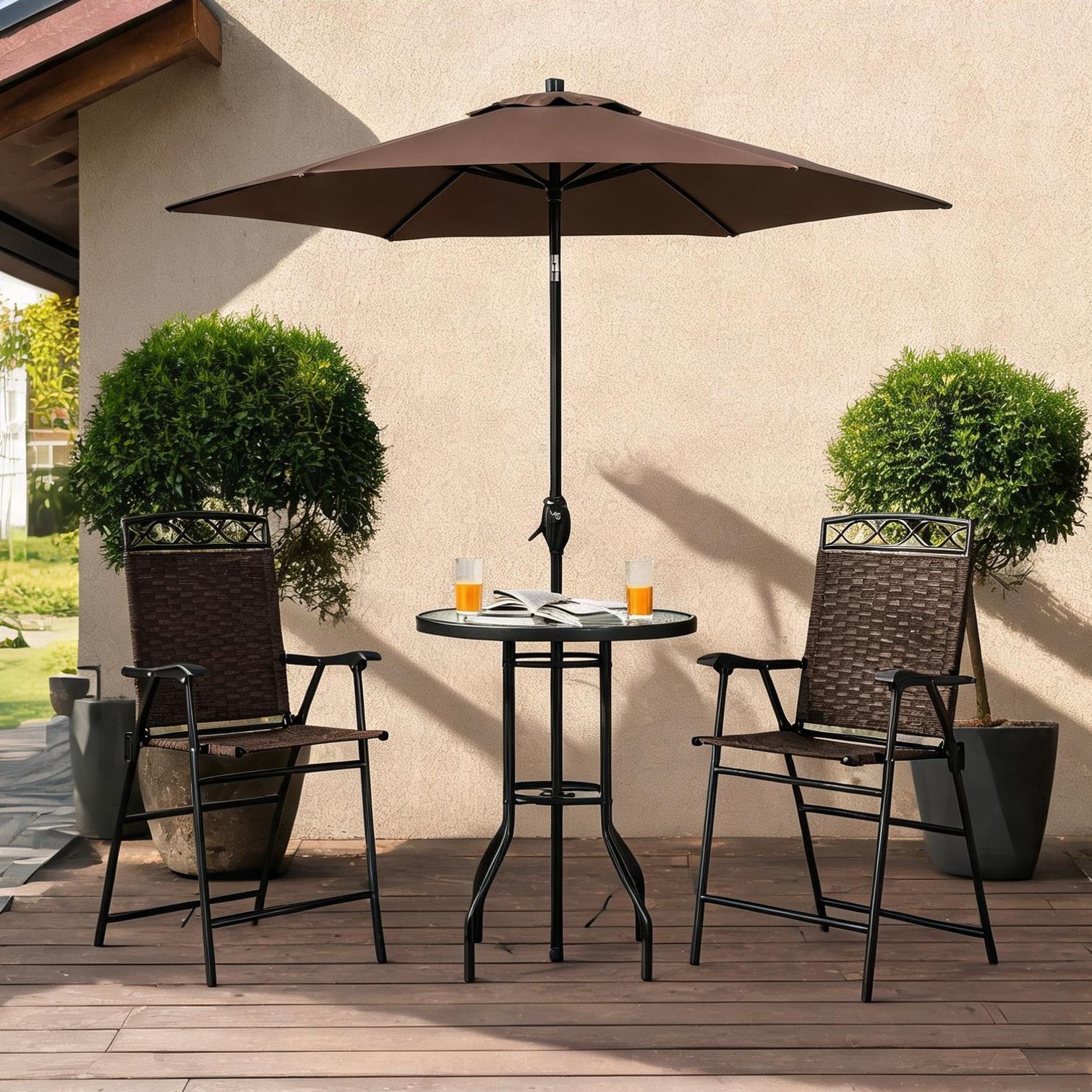 Naturefalls - Brown-Toned Steel Outdoor Bar Set with Glass Table and Two Folding Chairs