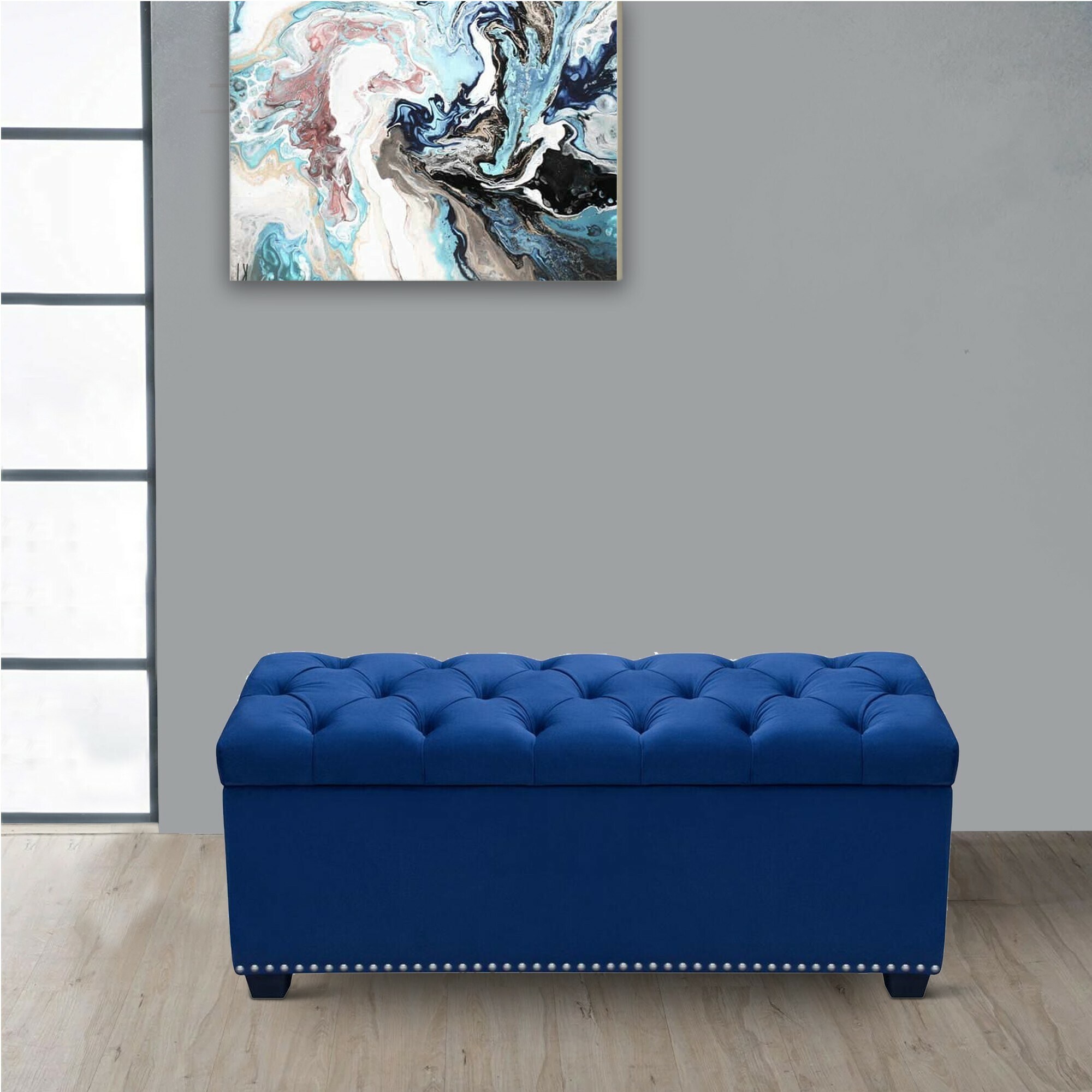 Benzara Blue Velvet Upholstered Storage Trunk With Tufted Seat And Nail ...