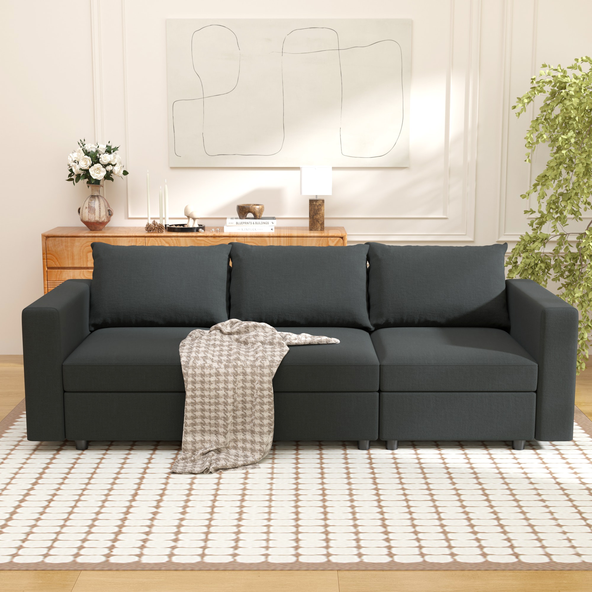 Ainfox WURX30DG 90-Inches Modern Dark Gray Cotton 3 -seater Sofa