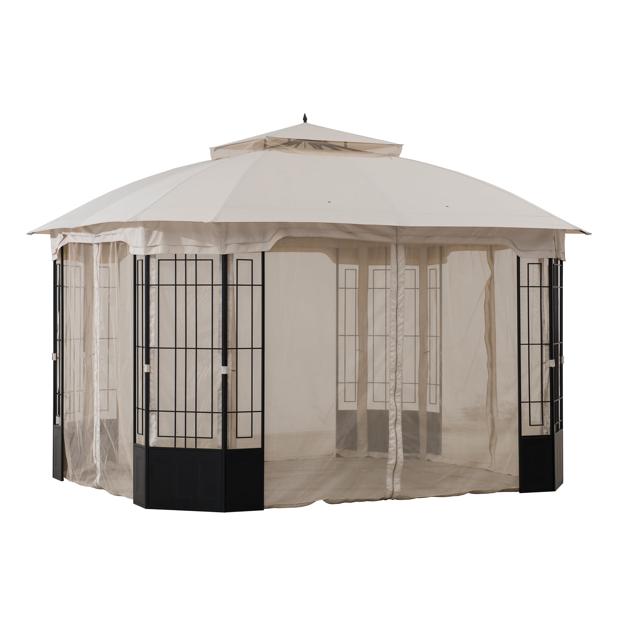 Sunjoy Beige Canopy Black Steel Frame Octagon Gazebo with Mosquito Netting