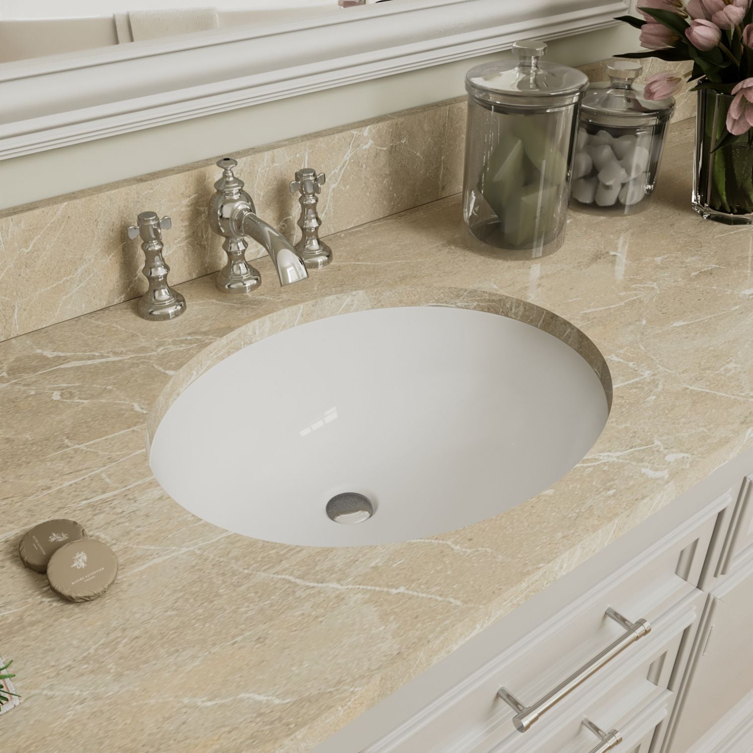 White Ceramic Oval Undermount Bathroom Sink with Overflow