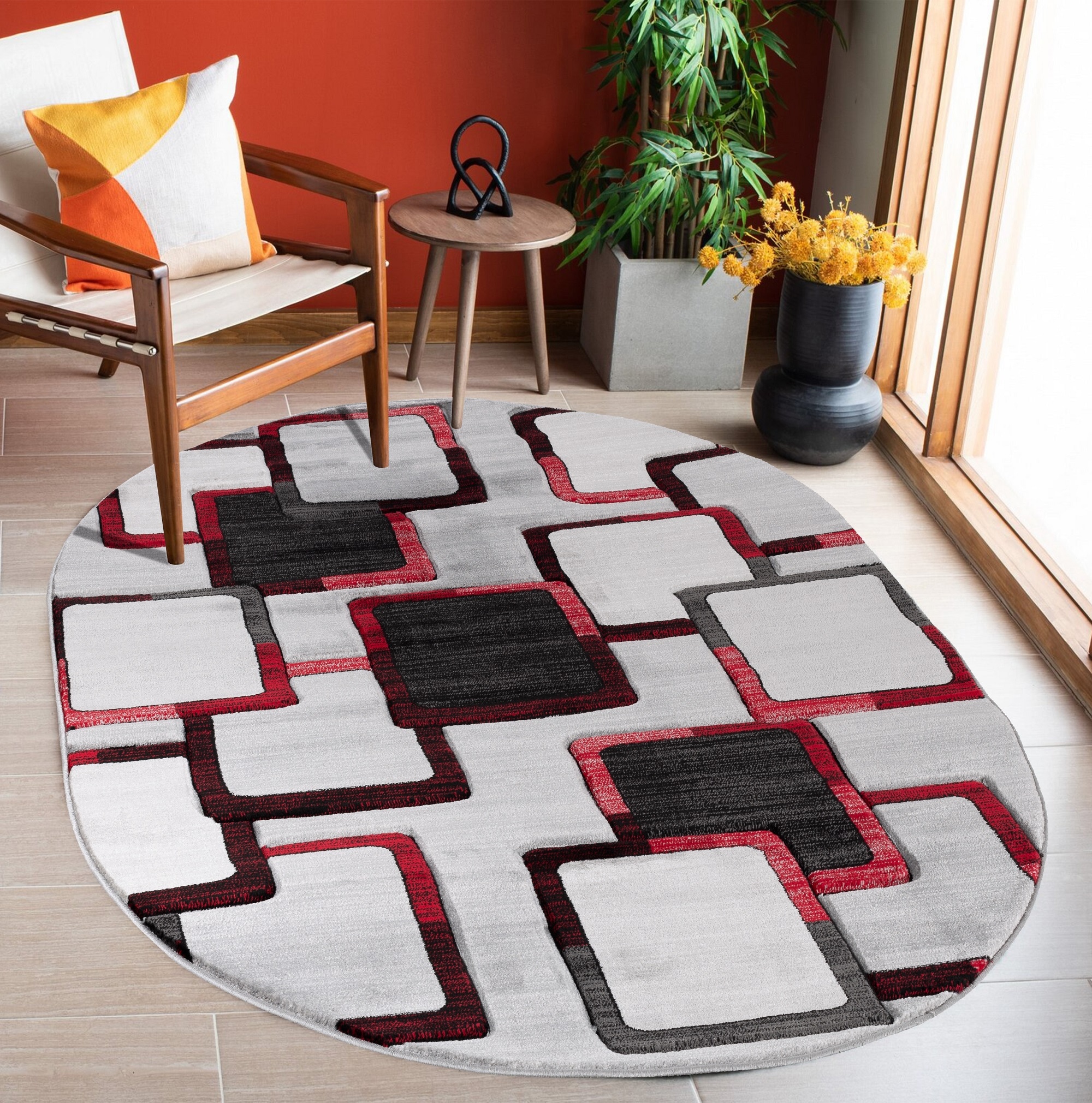 MDA Rugs Orelsi 5 X 8 (ft) Gray/Red Oval Indoor Abstract Area Rug in ...