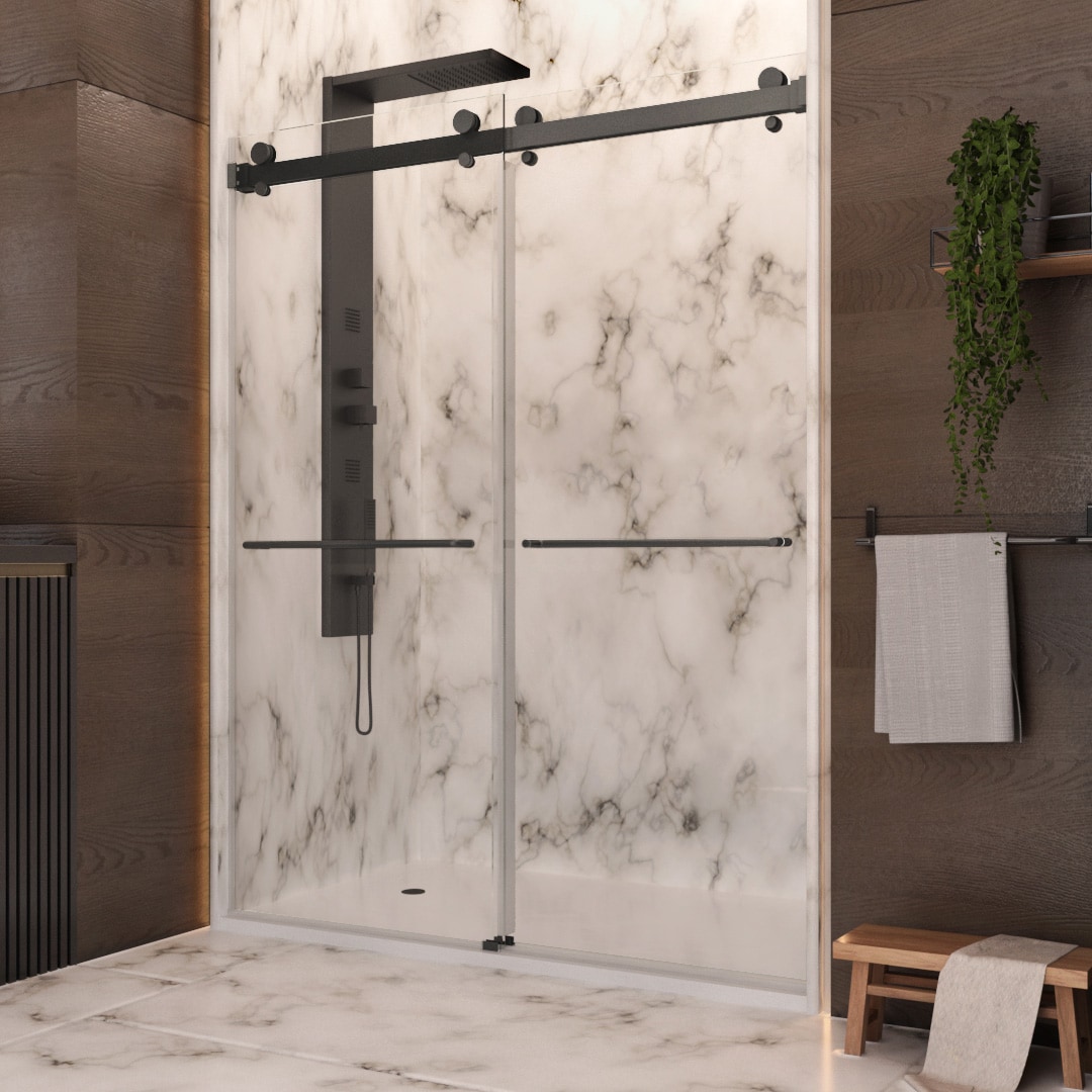 Holcam LBSEMBLCLR5676HS Matte Black 52-in to 56-in W x 76-in H Frameless Bypass Sliding Shower Door 3/8-in Thick Clear Glass