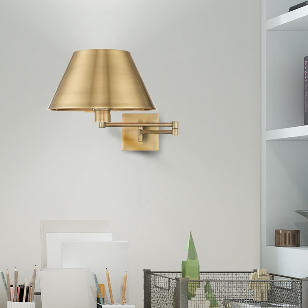 Antique Brass Swing Arm Wall Lamp with Satin Shade