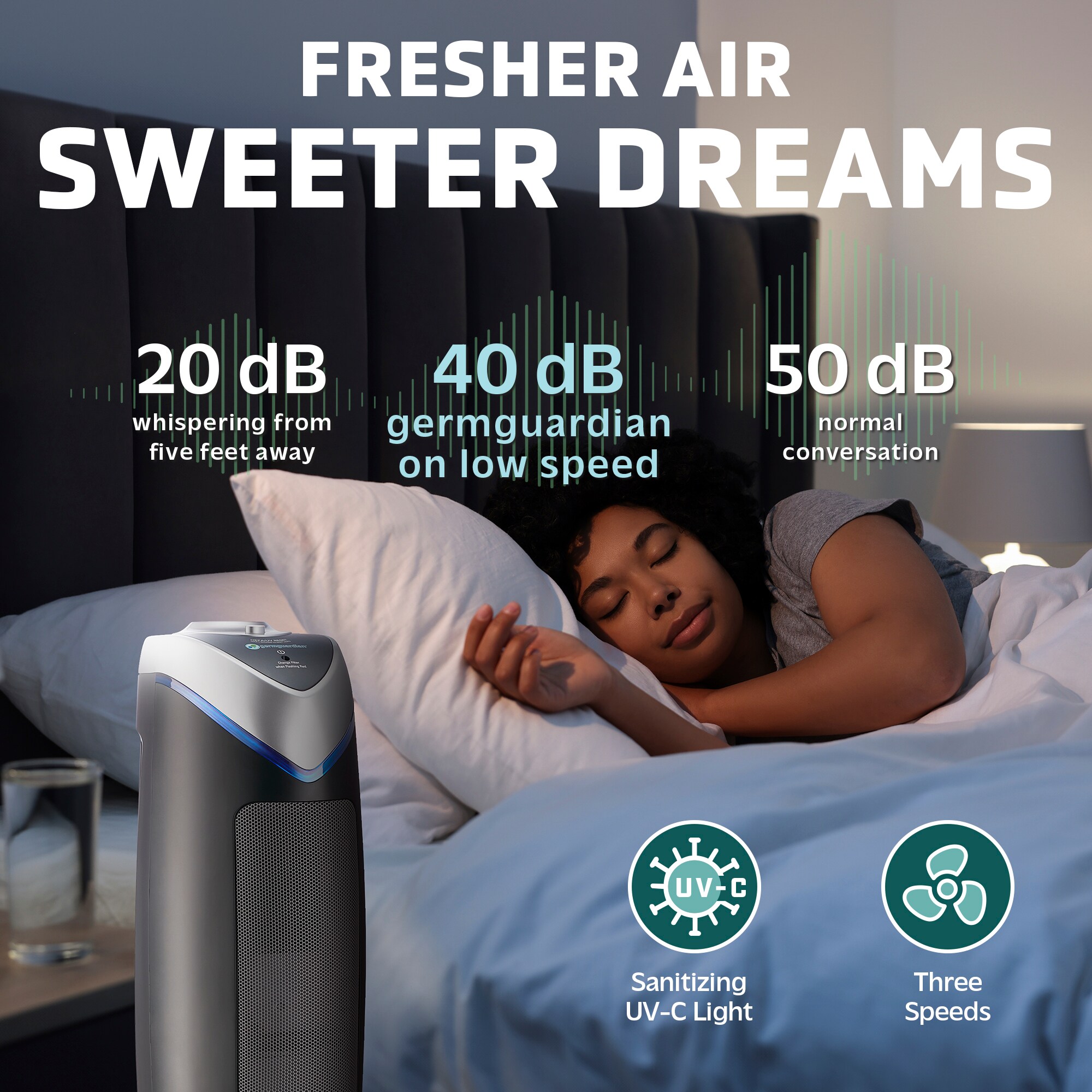 Black and Silver HEPA Tower Air Purifier with UV-C Light