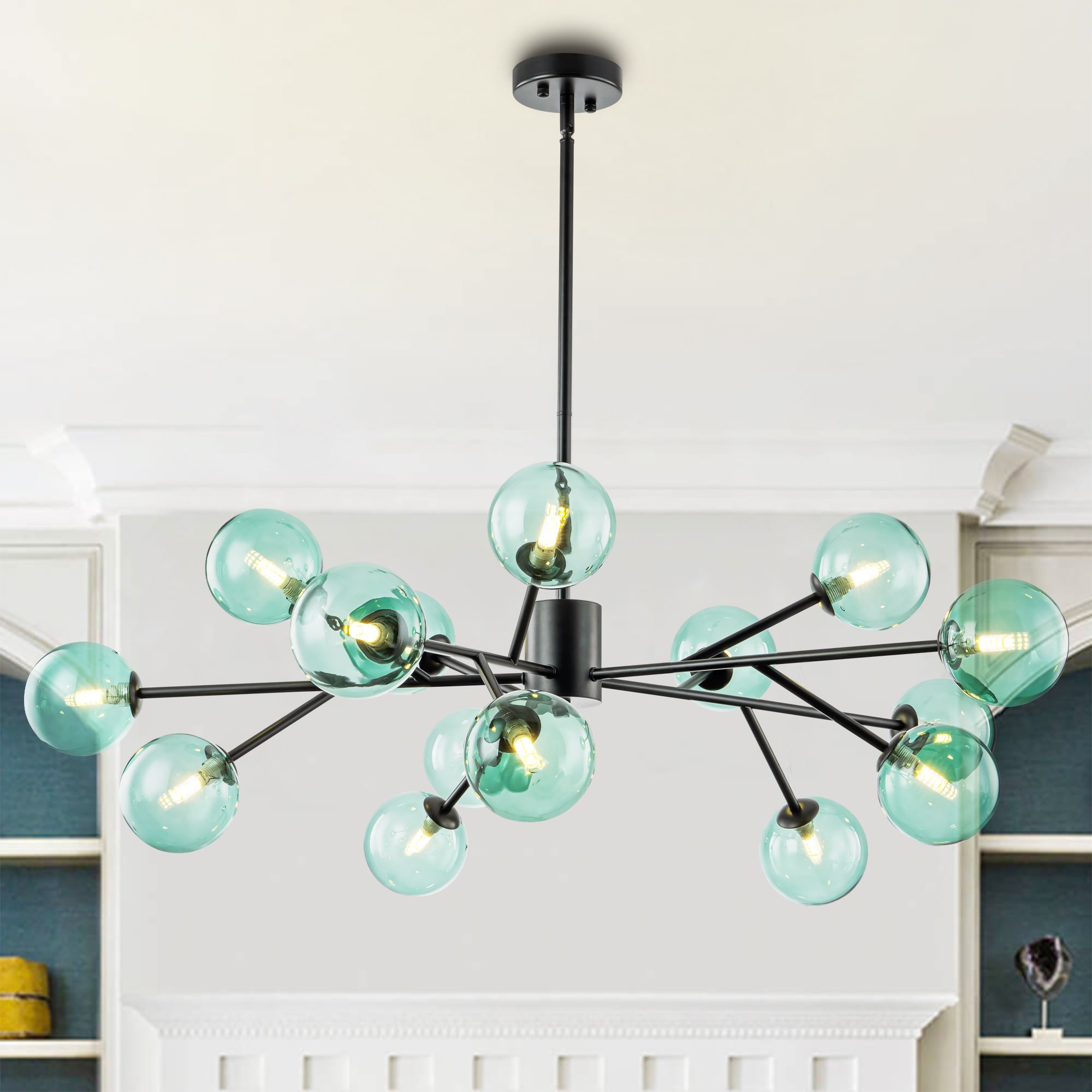 Y'INSP Knuth 15 -Light Matte Black Tinted glass Metal Chandelier