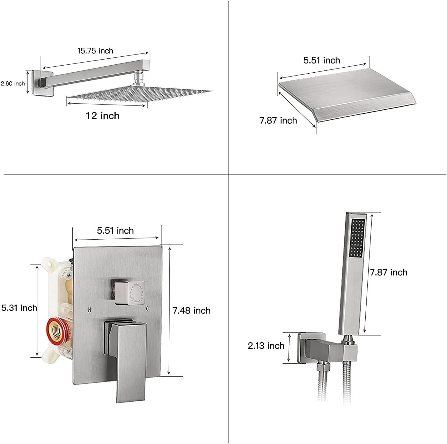 Brushed Nickel 12-Inch Square Rain Shower System with Handheld and Tub Spout