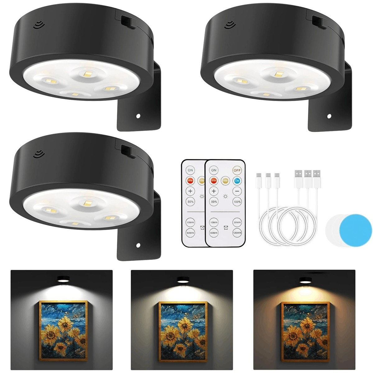 Slagawa  Black Rechargeable Battery Magnetic Picture Lights with 3 Color Temps and Remote Dimmable Timer for Art Display 3-Pack