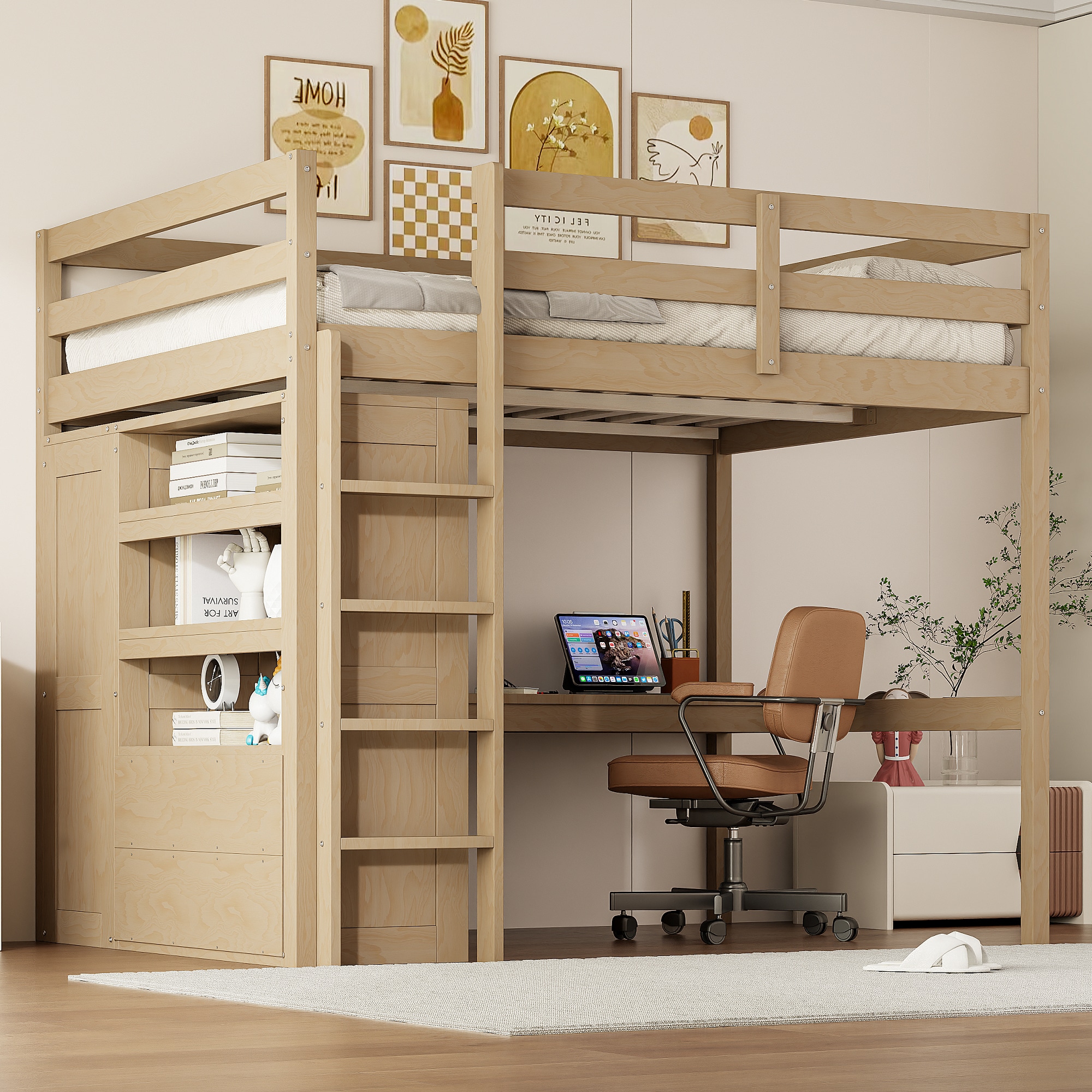 MooxvMoo Full Size Wooden Loft Bed Frame with Built In Desk Wardrobe ...