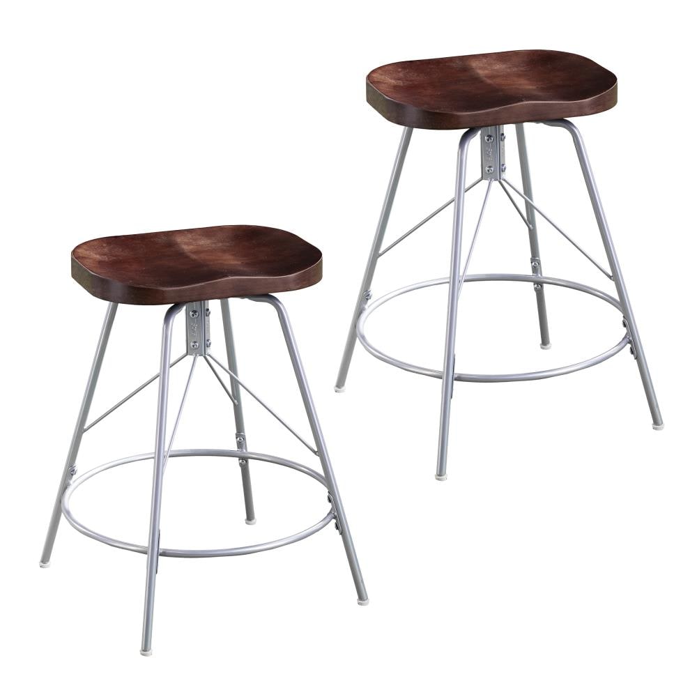Boston Loft Furnishings ATG2592BC Gadia Set of 2 Matte Silver and Dark Distressed Pine Counter height Saddle Seat Swivel Metal Backless Bar Stool