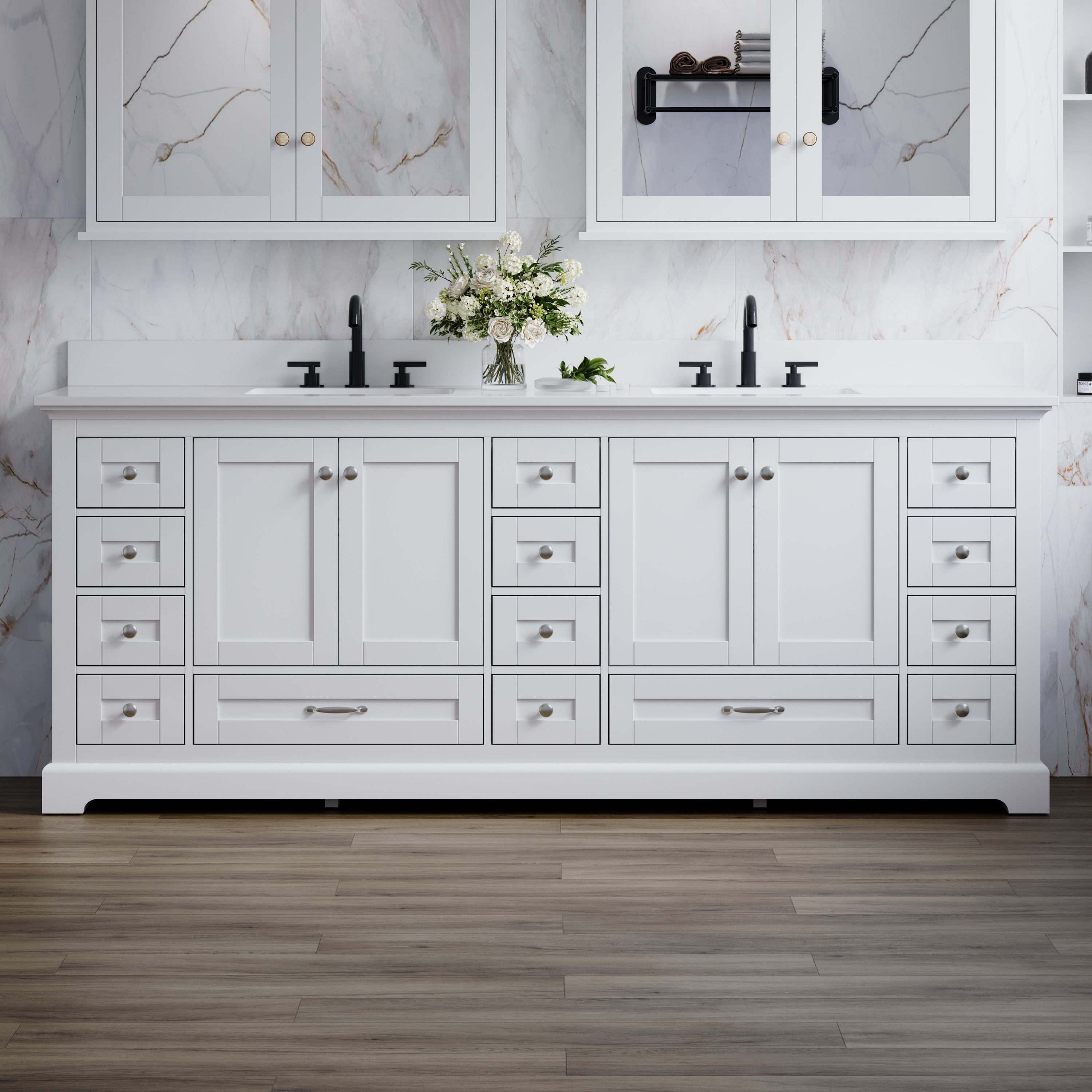 WELLFOR EX-BV60BR YC Solid Wood Bathroom Vanity 84-in White Undermount Double Sink Bathroom Vanity with White Cultured Marble Top