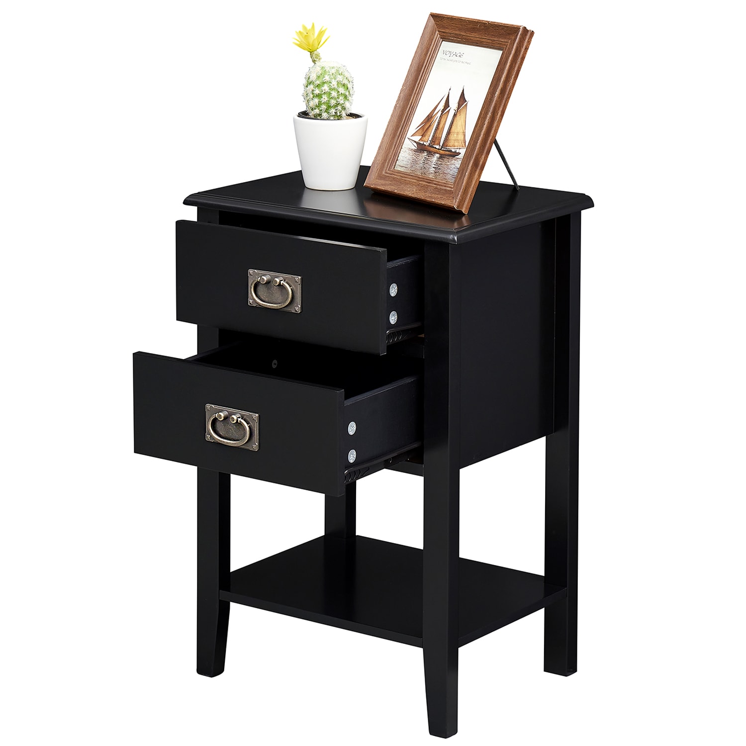Vecelo LOE-HD-NS14-BLK Nightstand with Charging Station End Bedside Table with USB Ports Storage Drawer Open Shelf for Bedroom Living Room Black