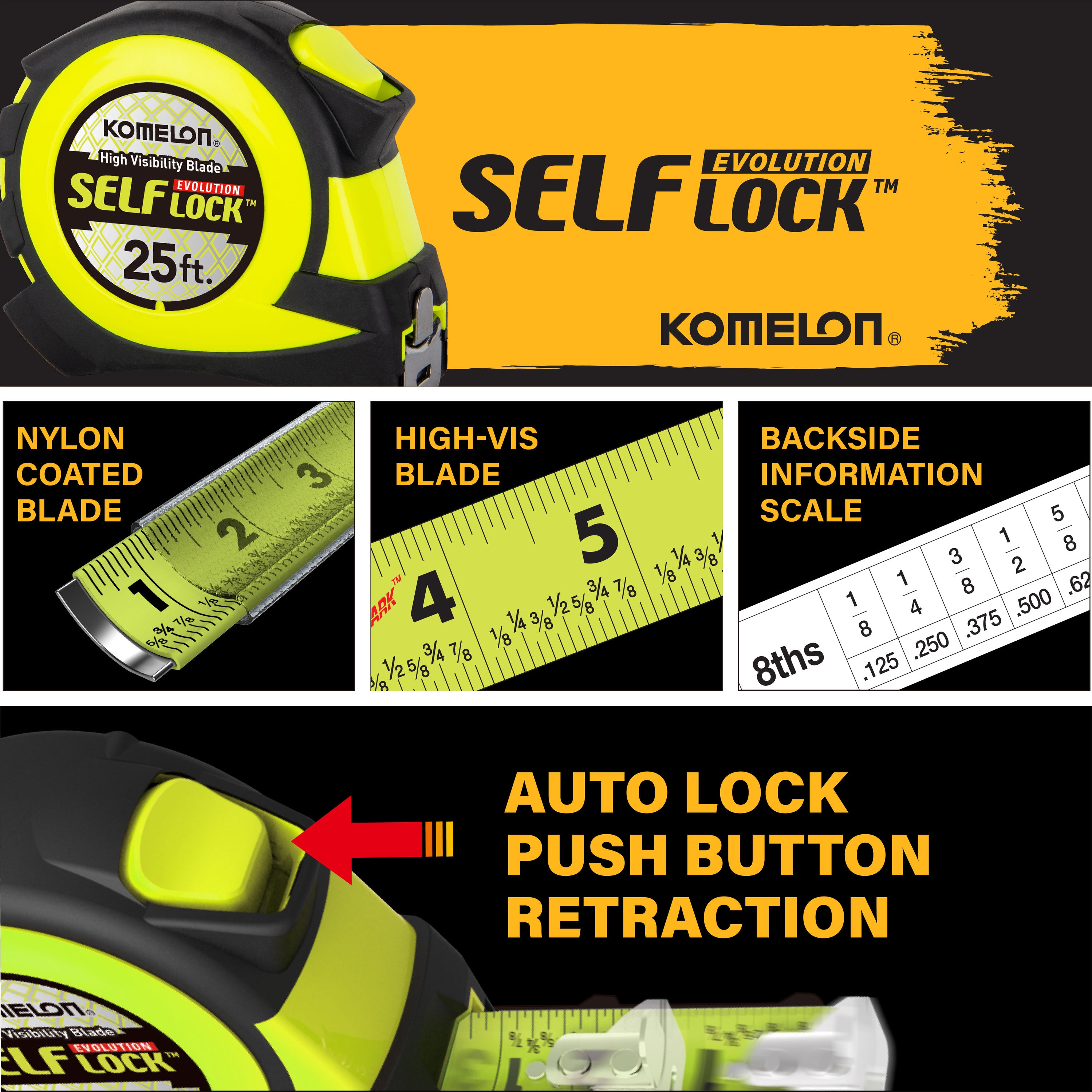 Komelon Self-Lock Evolution 25-ft Auto Lock Tape Measure L4825HV