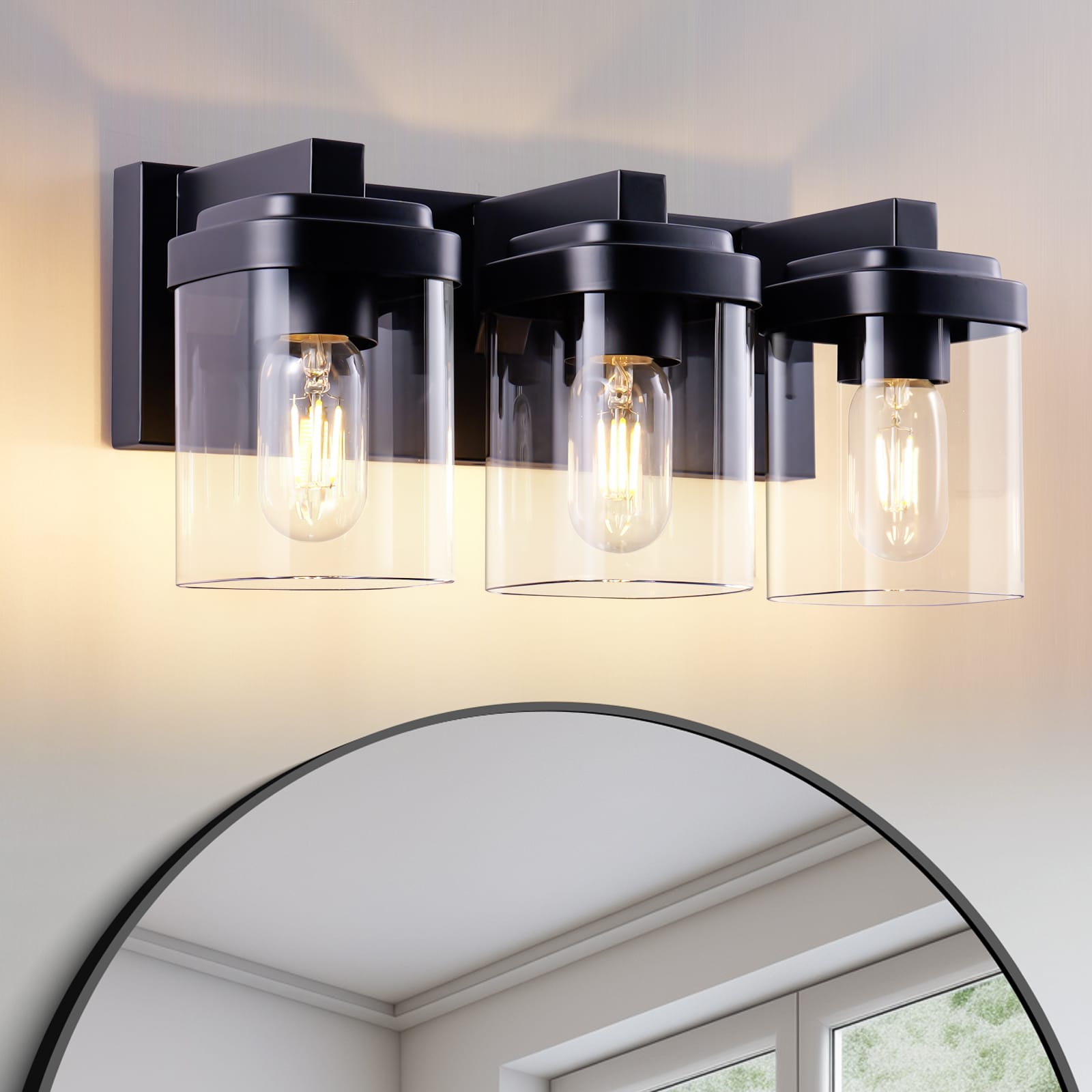 GDFStudio 3 Light Bathroom Vanity Light Matte Black Bathroom Light Fixtures with Clear Glass Shade Vanity Light Fixtures Over Mirror for Bedroom Living Room NO BULBS