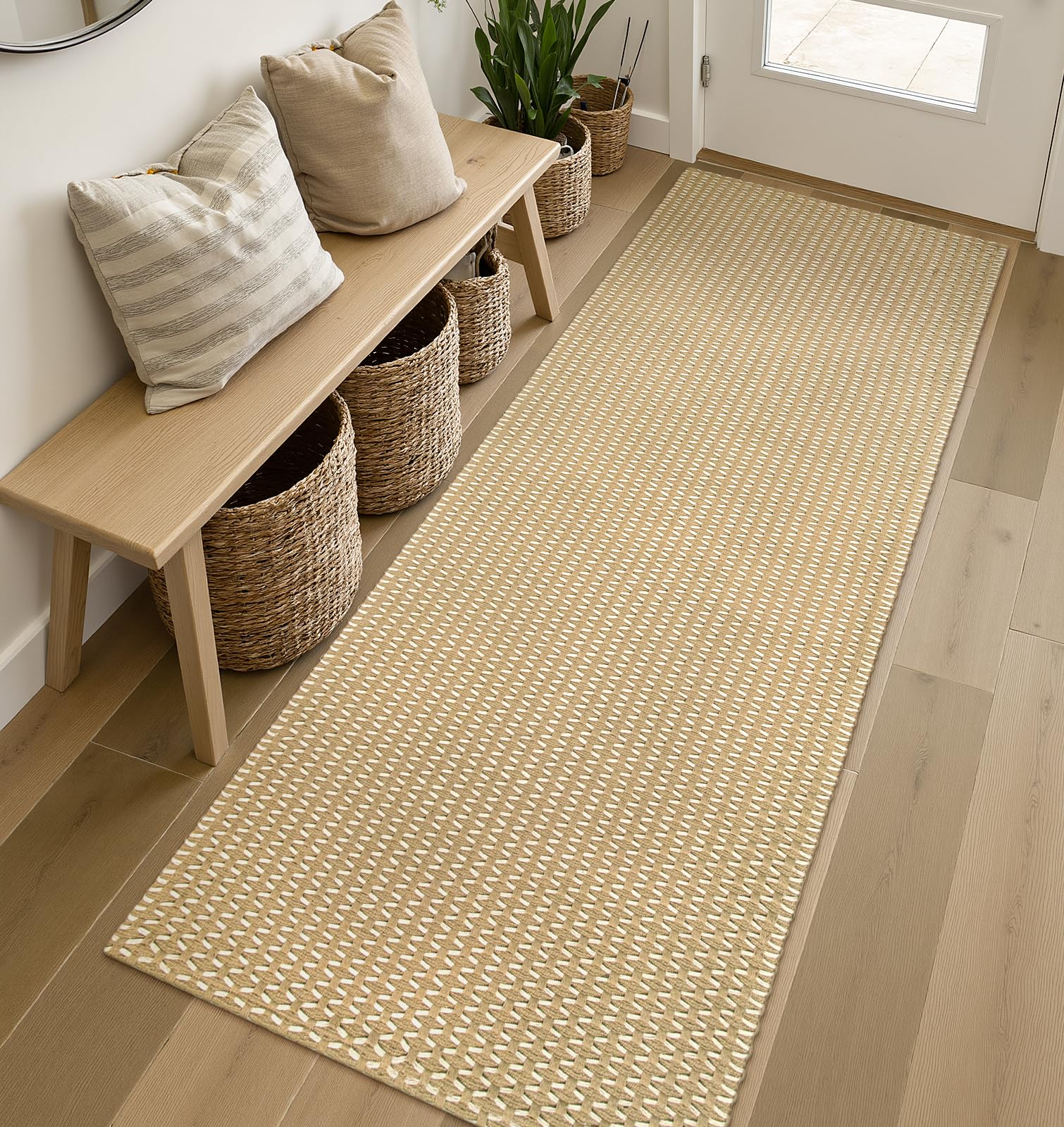 Lahome AR-MXZ-WZFGKQ-61X183 2 x 6 (ft) Khaki Mesh Honeycomb Cotton Woven Rectangular Indoor Area Rug
