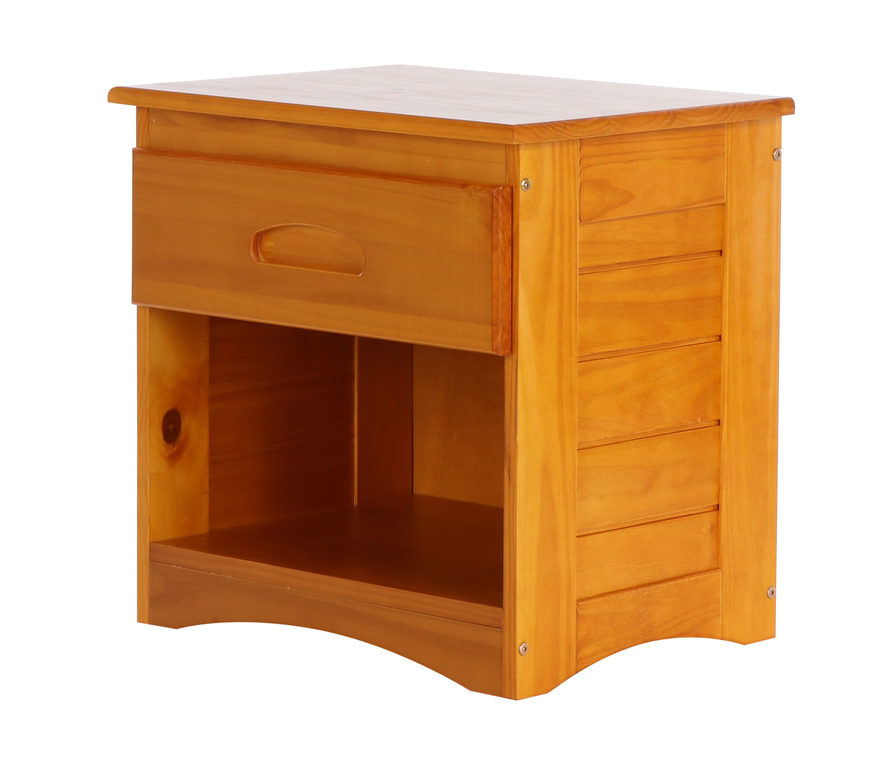 OSHOME 82160KD This solid wood, one drawer nightstand with unique framed detail on sides is a great complement to any bedroom.  The drawer is on sturdy metal guides with nylon rollers and has an attractive finger pull. Made of solid pine and finished in warm honey.