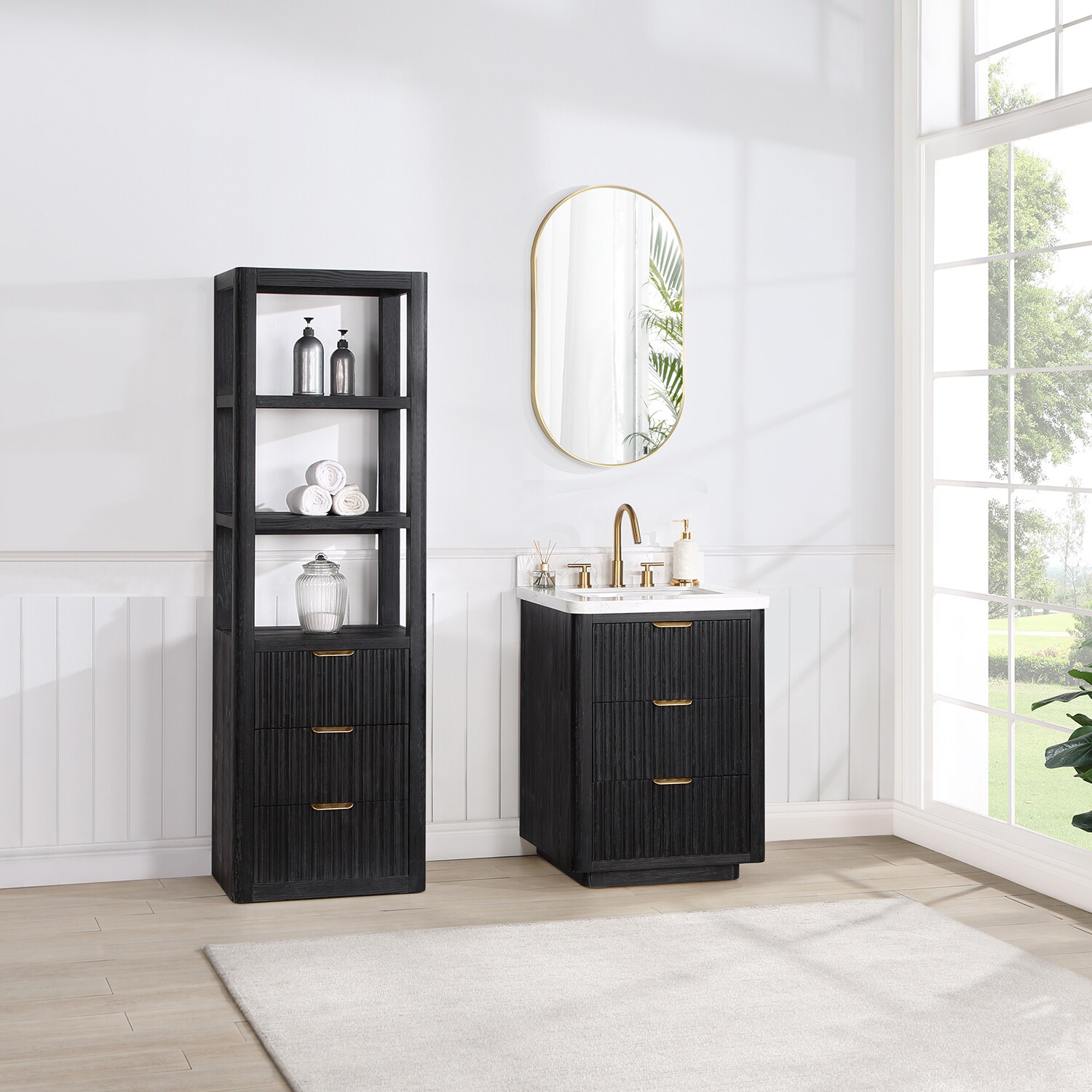 24 Floating Wood Bathroom Vanity Set with Black Sintered Stone Top &  Ceramic Sink