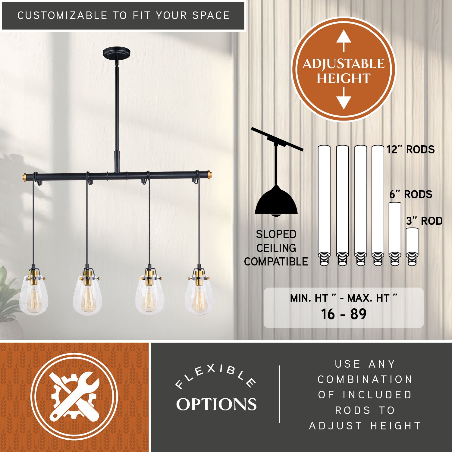 Kassidy 32.5'' Black and Natural Brass Four-Light Indoor/Outdoor Pendant