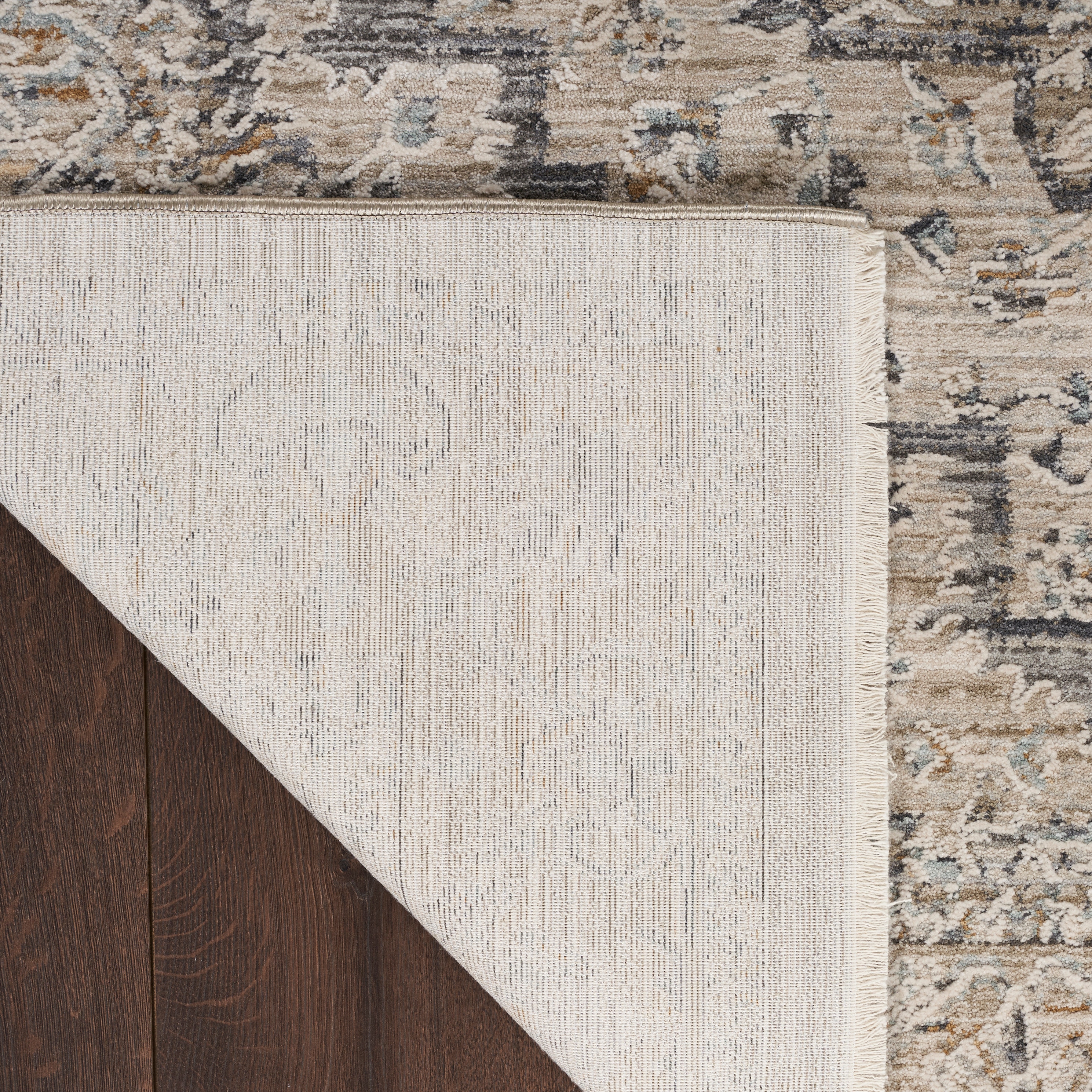 Ivory Taupe Floral Synthetic Round Washable Rug
