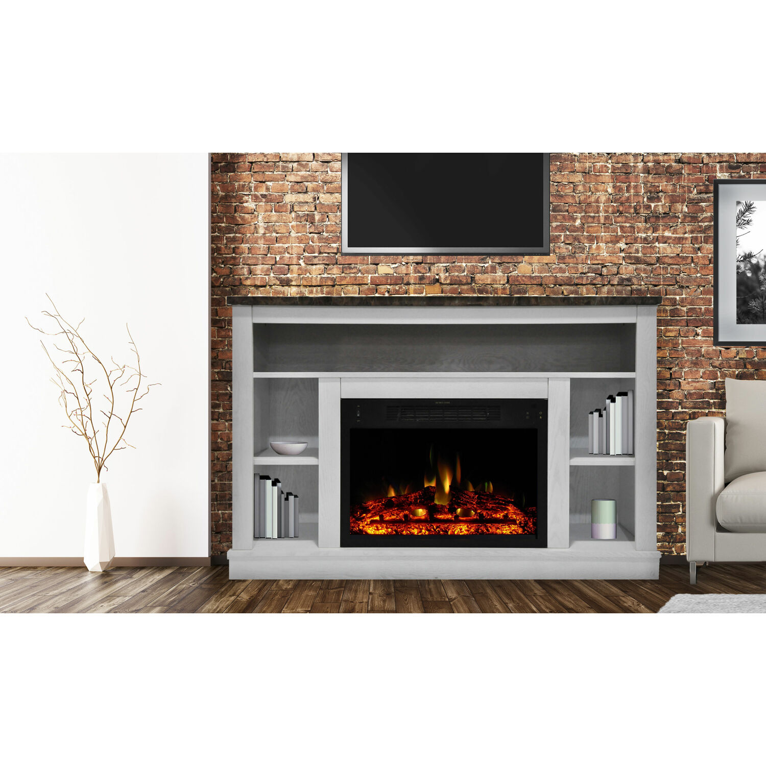 Seville 47'' White MDF Electric Fireplace with Enhanced Log Display