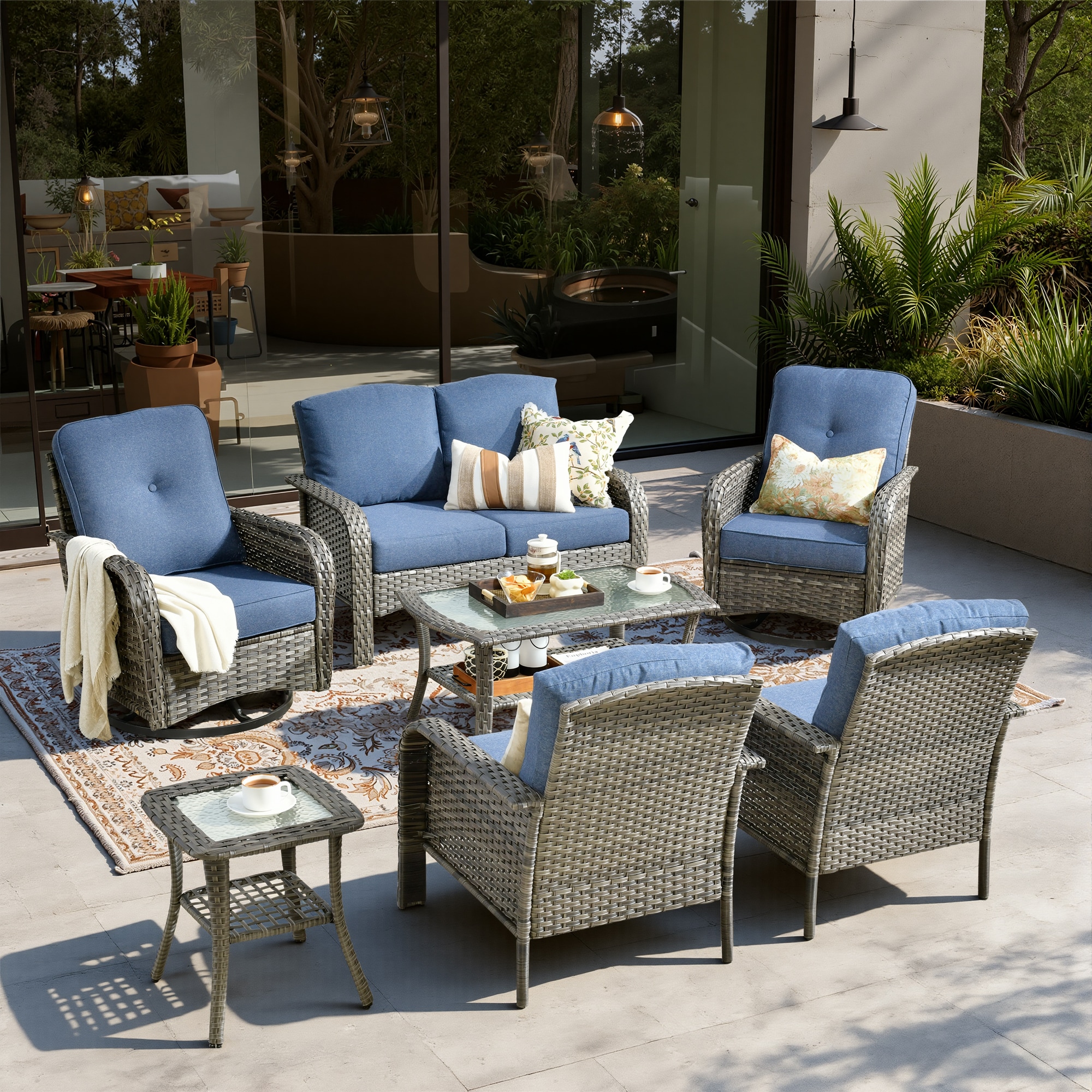 Ovios 7 -Piece Rattan Patio Conversation Set with Blue Cushions