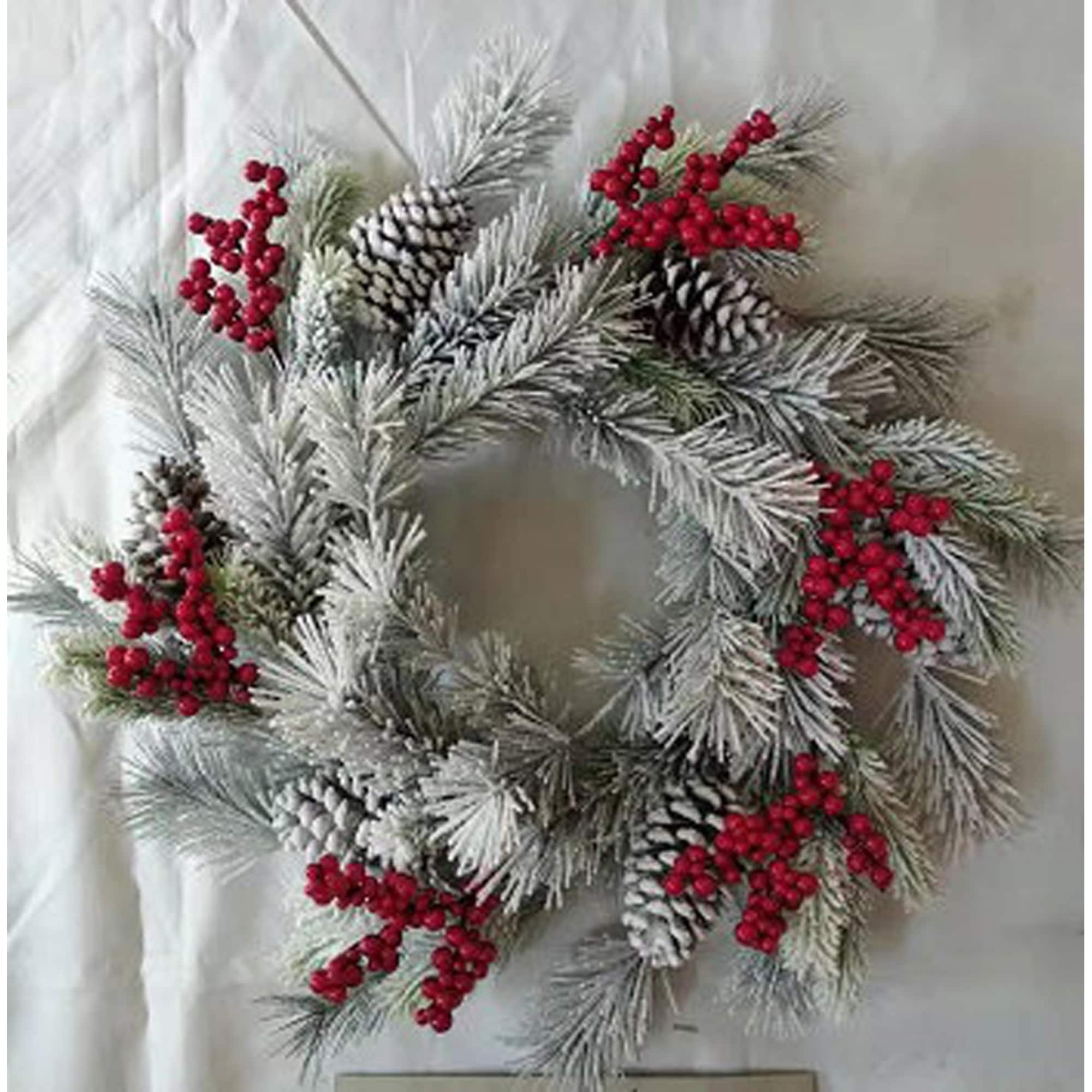24-Inch Flocked Pine Berry and Pinecone Christmas Wreath