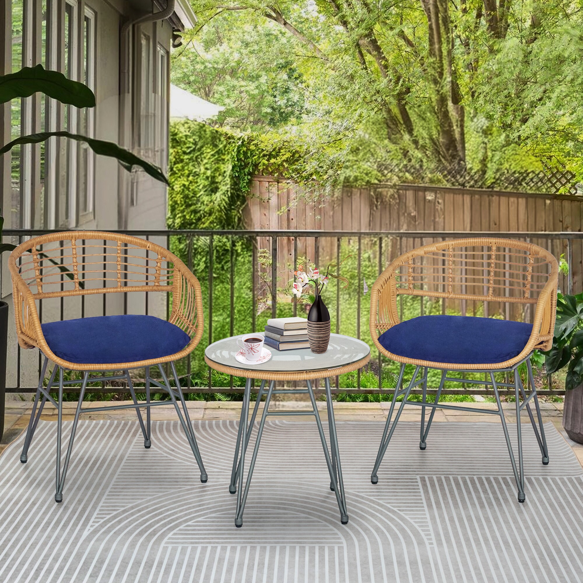 Grearden ZHSFV001-BL 2 -Piece Wicker Patio Conversation Set with Blue Cushions