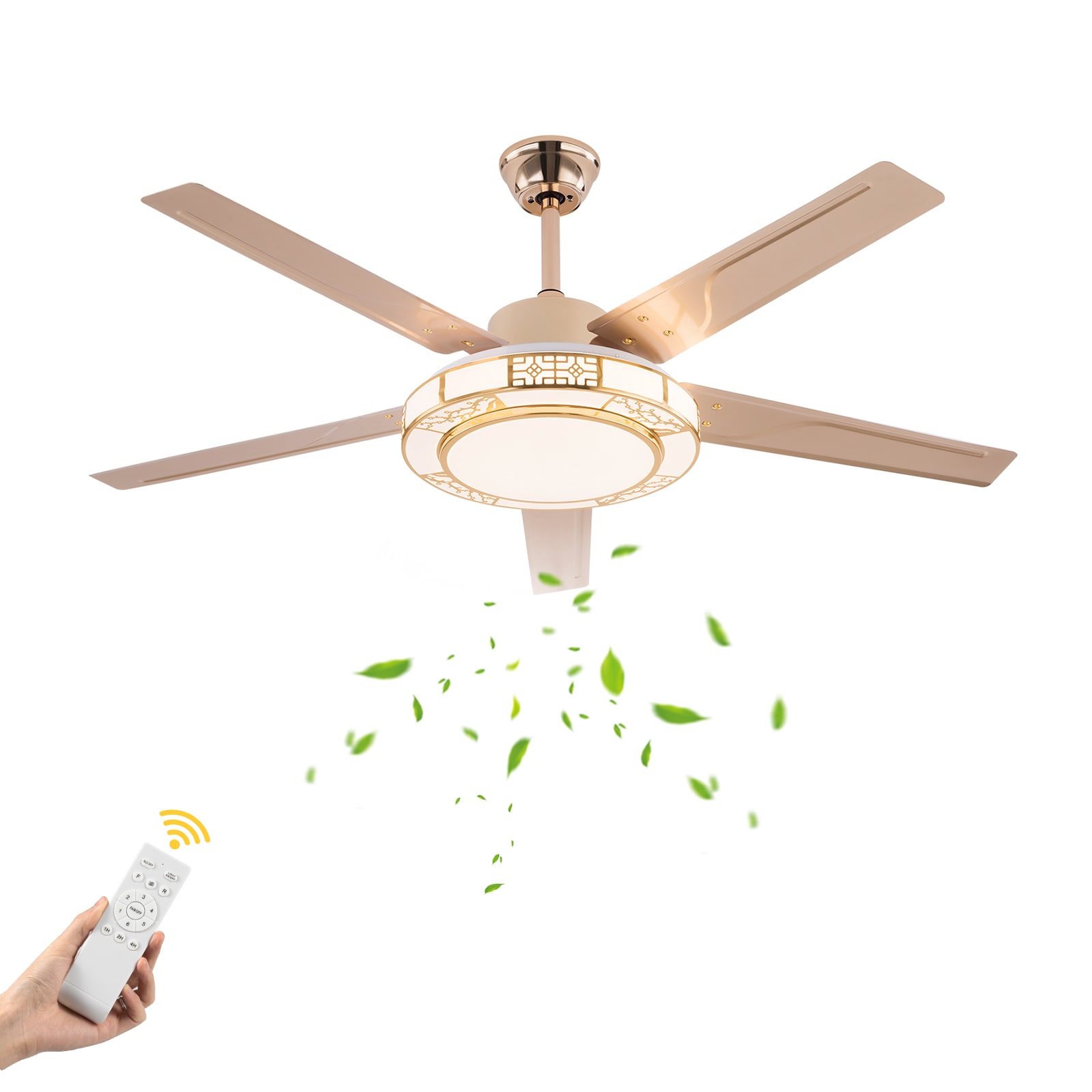Oukaning JZUCOD-00170099 52-in Color-Changing Gold 6-Speed with Reverse Metal Blades Fandelier Ceiling Fan With Light and Remote ( 5 -Blade )