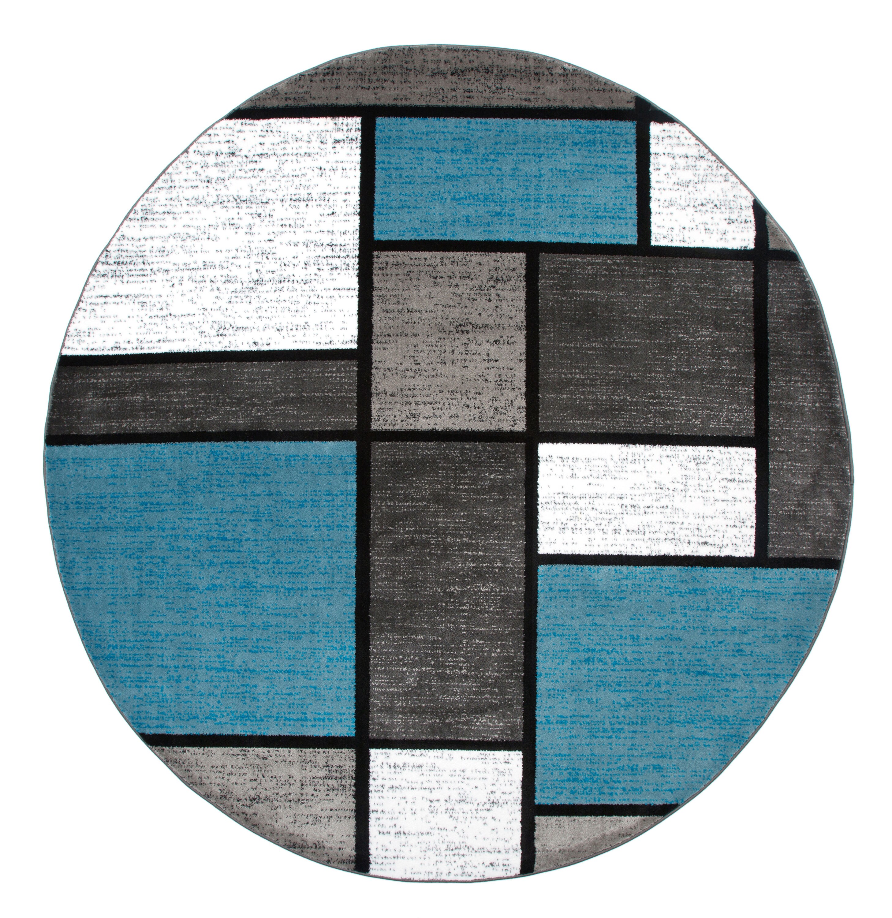 Blue and Gray Geometric Round Synthetic Area Rug 8'