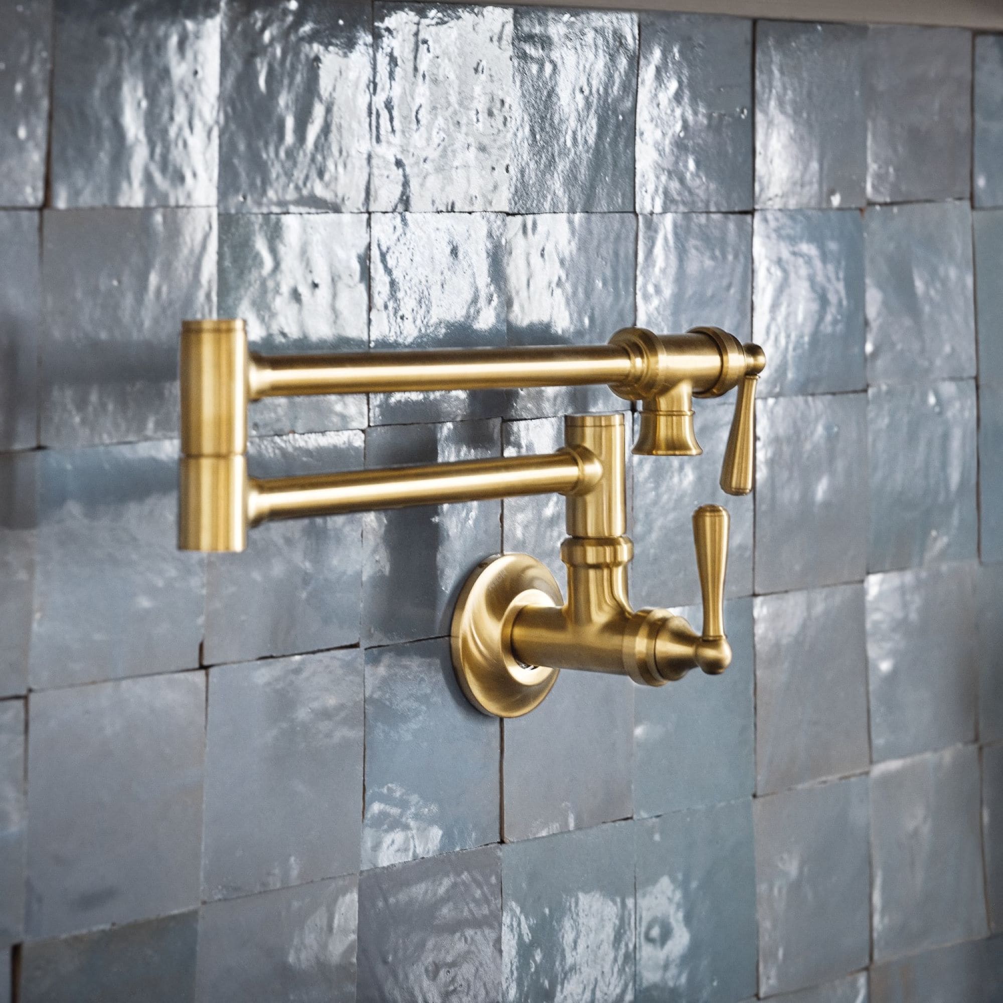 Moen S664BG Traditional Brushed Gold Double Handle Wall-mount Pot Filler Kitchen Faucet with Sprayer