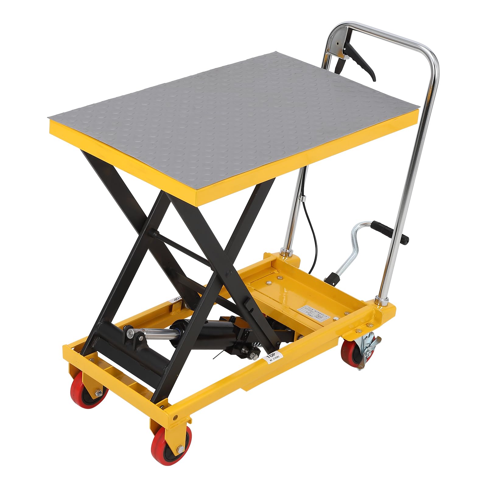 IdealHouse Manual Hydraulic Scissor Lift Table 1100lbs Capacity Single Scissor Industrial Cart with 4 Wheels Anti Slip Platform 35.4 in Max Height Adjustable Mobile Elevating Cart Yellow
