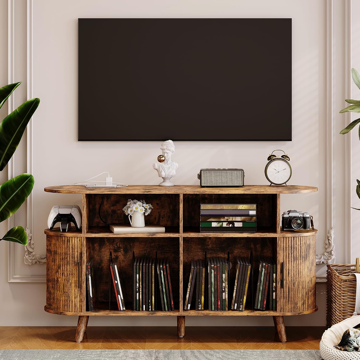 GAOMON 55in Fluted Mid Century Modern Turntable Cabinet with Vinyl ...
