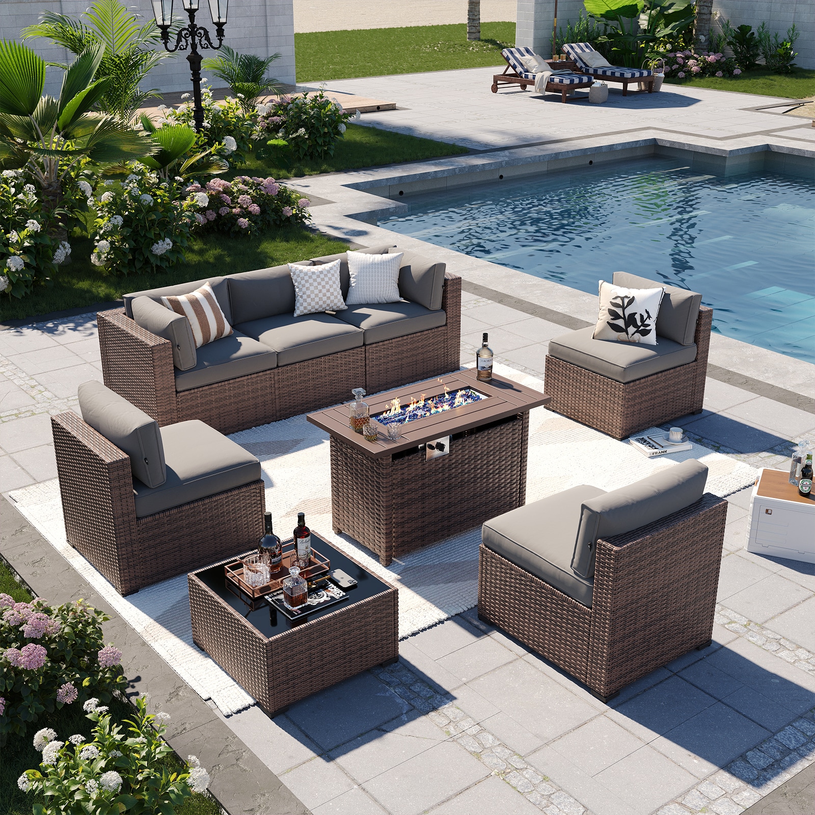 AOXUN PA-120BR12 Patio Conversation Sets 8 -Piece Wicker Patio Sofa Conversation Set with Gray Cushions