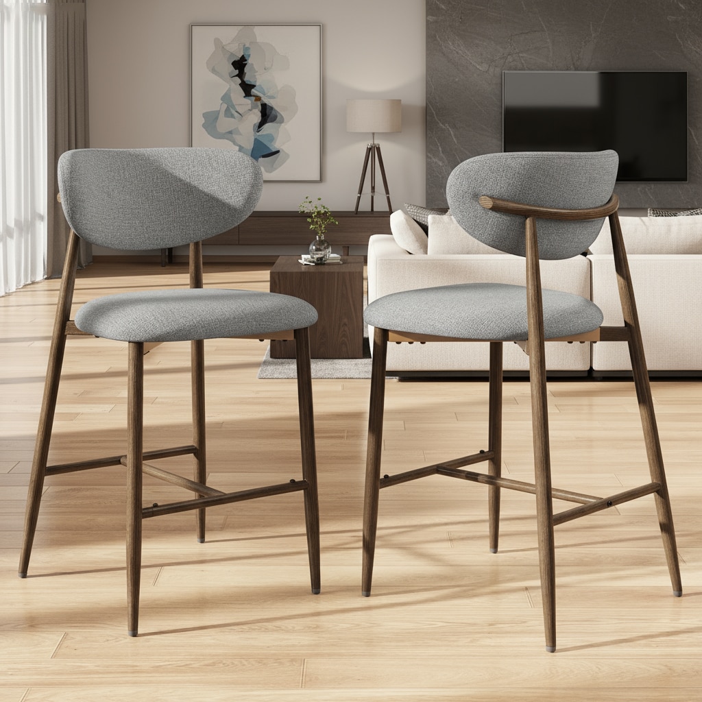 ViviHav - Set of 2 Light Gray Counter Height Bar Stools with Wood Grain Metal Legs