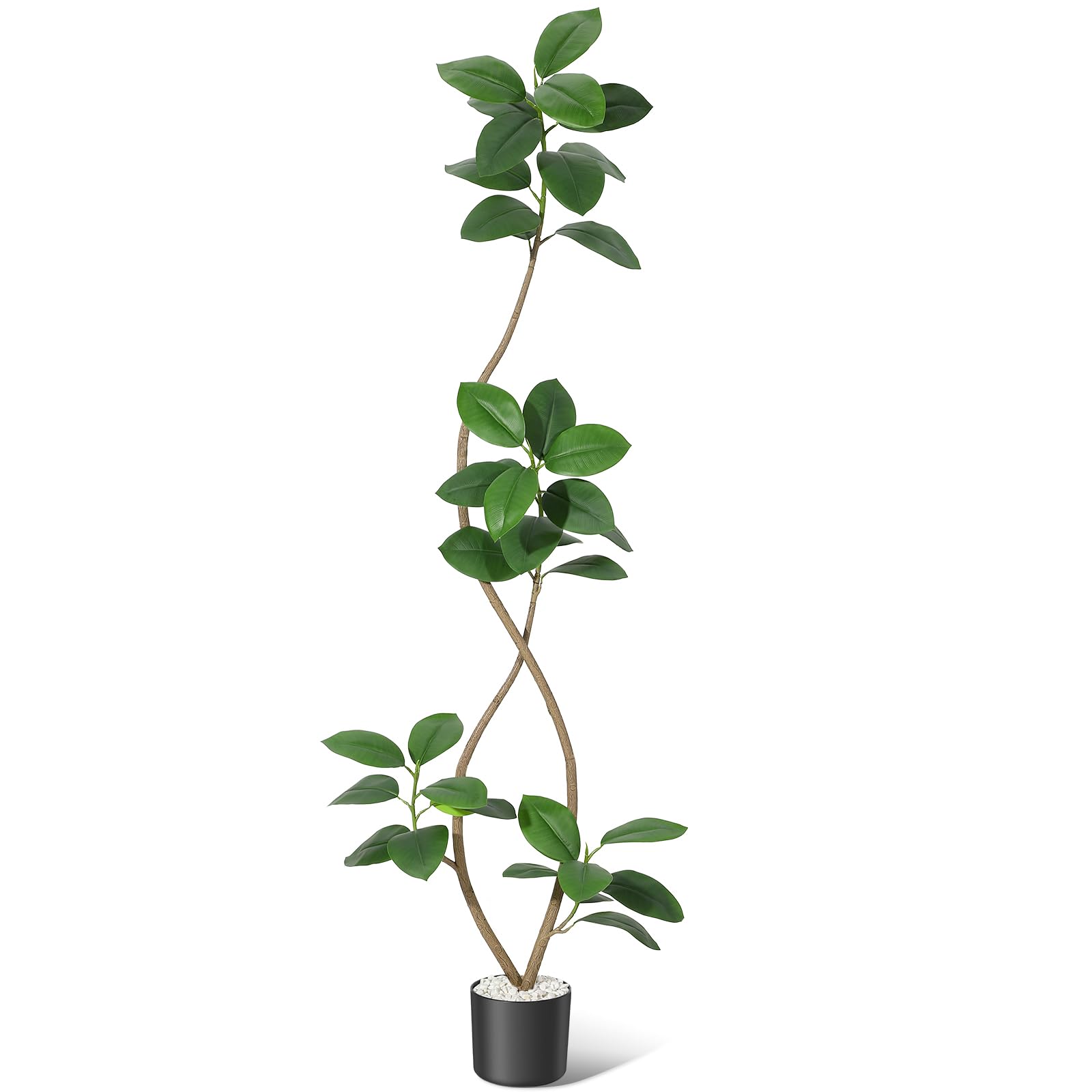 IdealHouse 7FT Artificial Rubber Tree with Dual Stems in Black Pot with Decorative Stones Realistic Green Leaves for Home Office and Entryway Decor