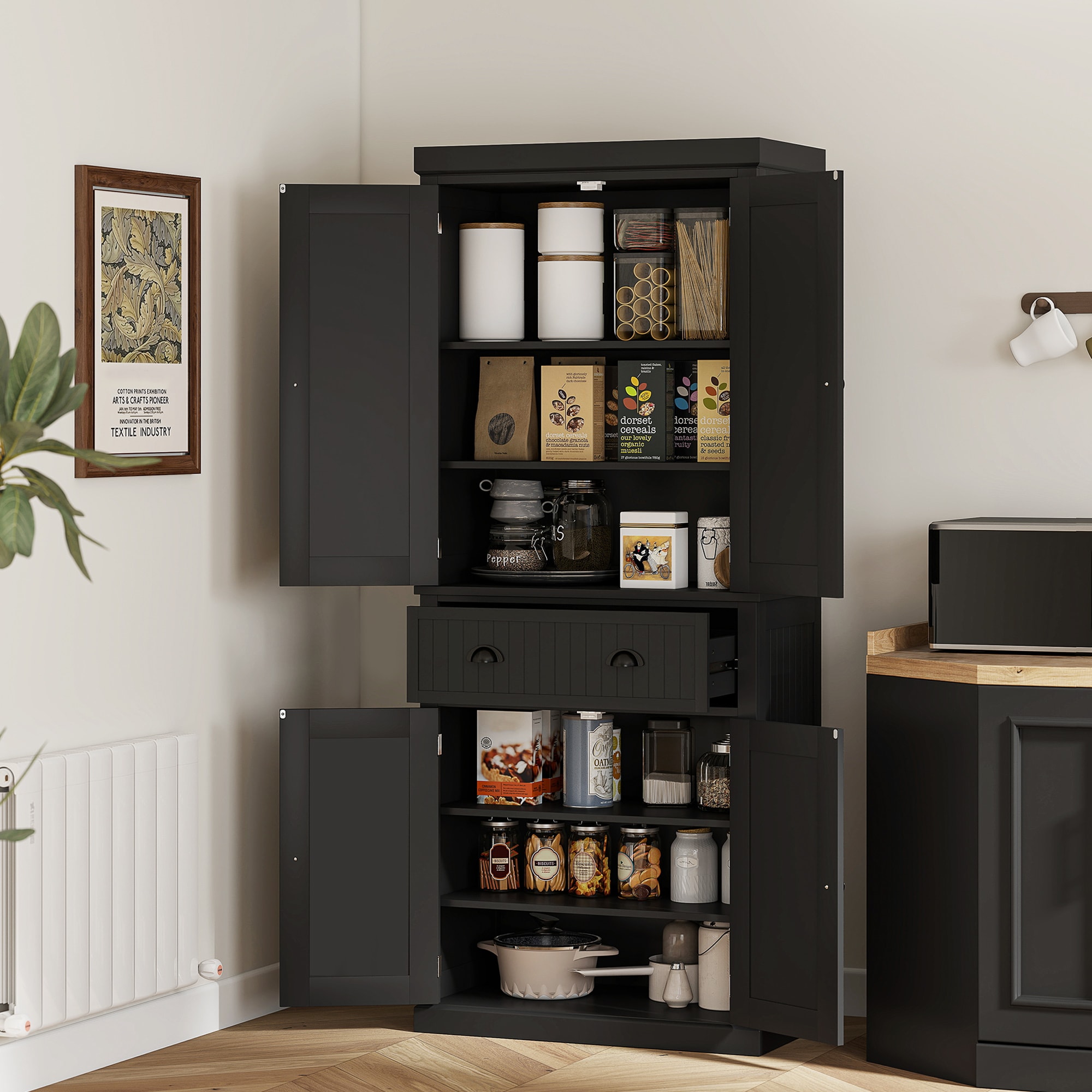 Zyerch Black 72in Tall Colonial Kitchen Pantry Cabinet with Drawer Adjustable Shelves Freestanding Storage Cabinet for Kitchen Bathroom Hallway