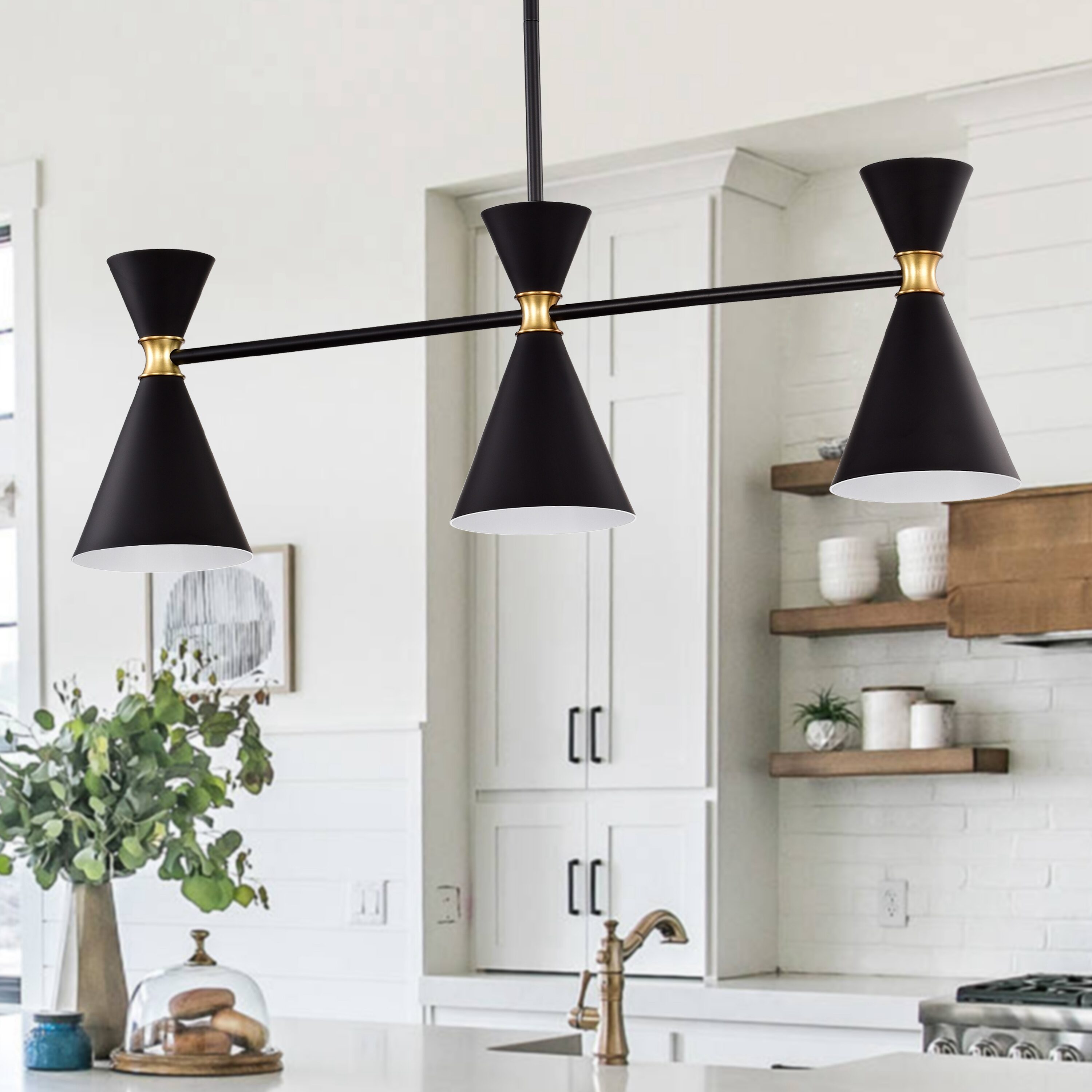 Modern Hourglass 3-Light Island Pendant in Black with Brass Accents