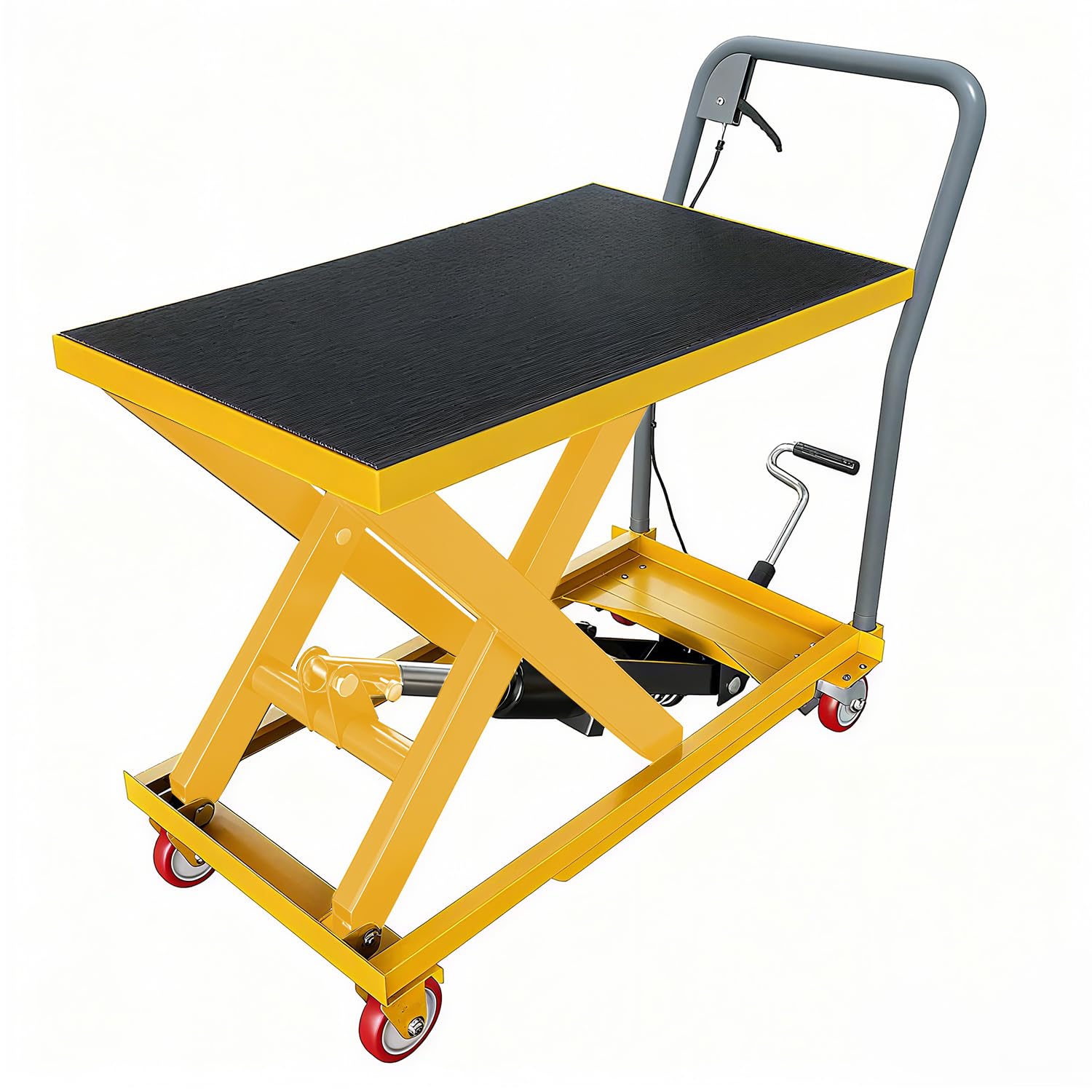 Aoile Single Scissor Hydraulic Lift Table Cart 1100LBS Max Load 11IN to 35IN Lifting Height Yellow Steel Mobile Scissor Lift Truck with Brake Casters Packed in Separate Cartons Comes with Work Gloves